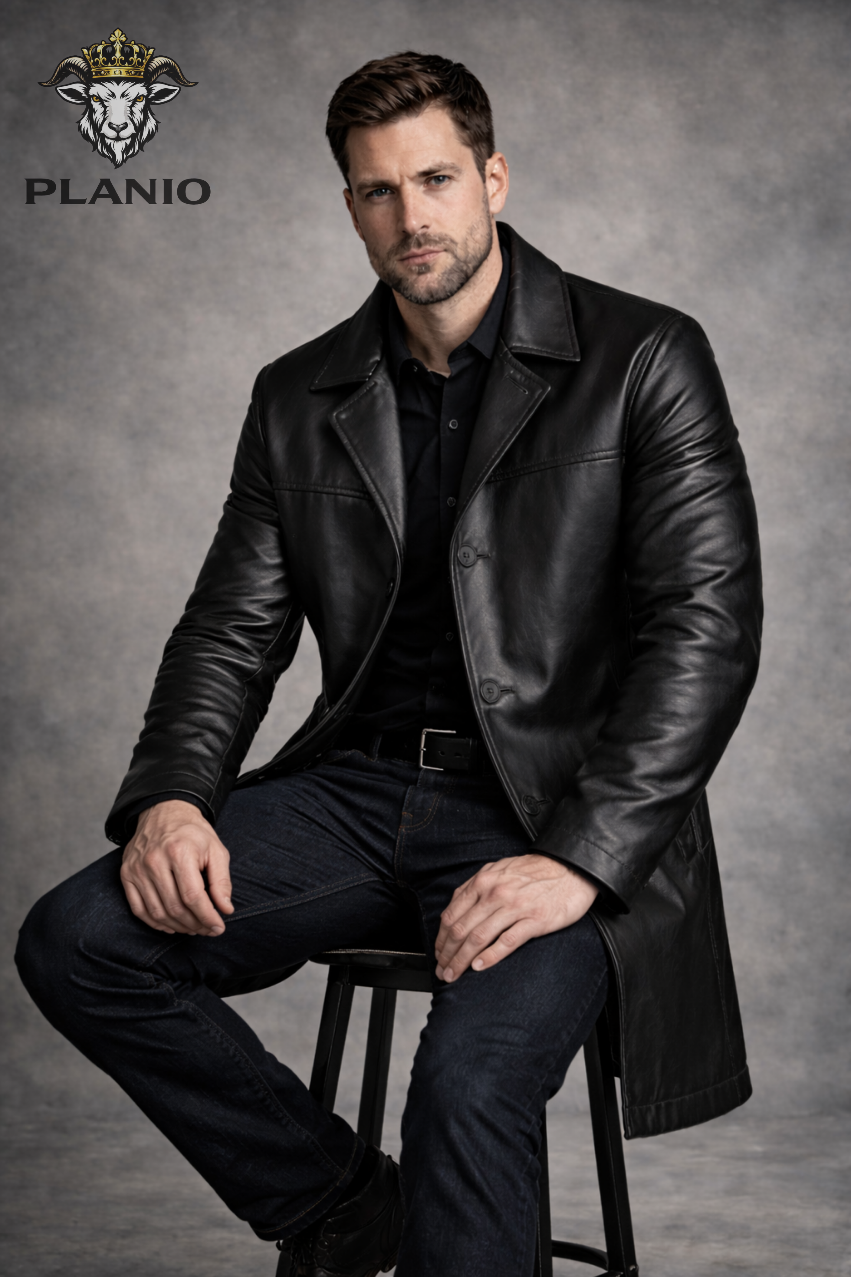 Men’s Black Real Leather Longcoat – Above Knee Button Front Leather Coat