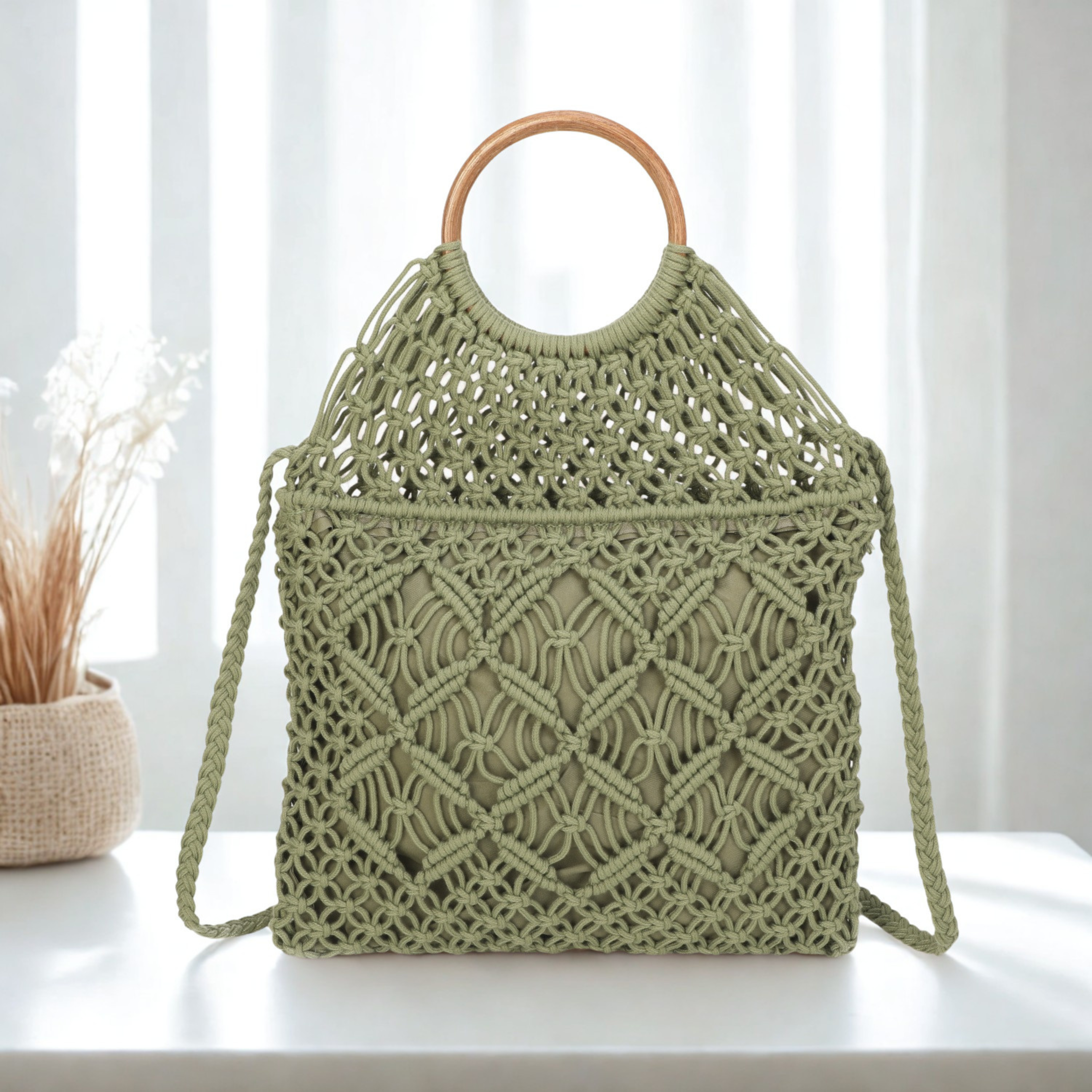 Boho Crochet Handbag with Circle Wooden Handles – Knitted Macramé Shoulder Bag for Women