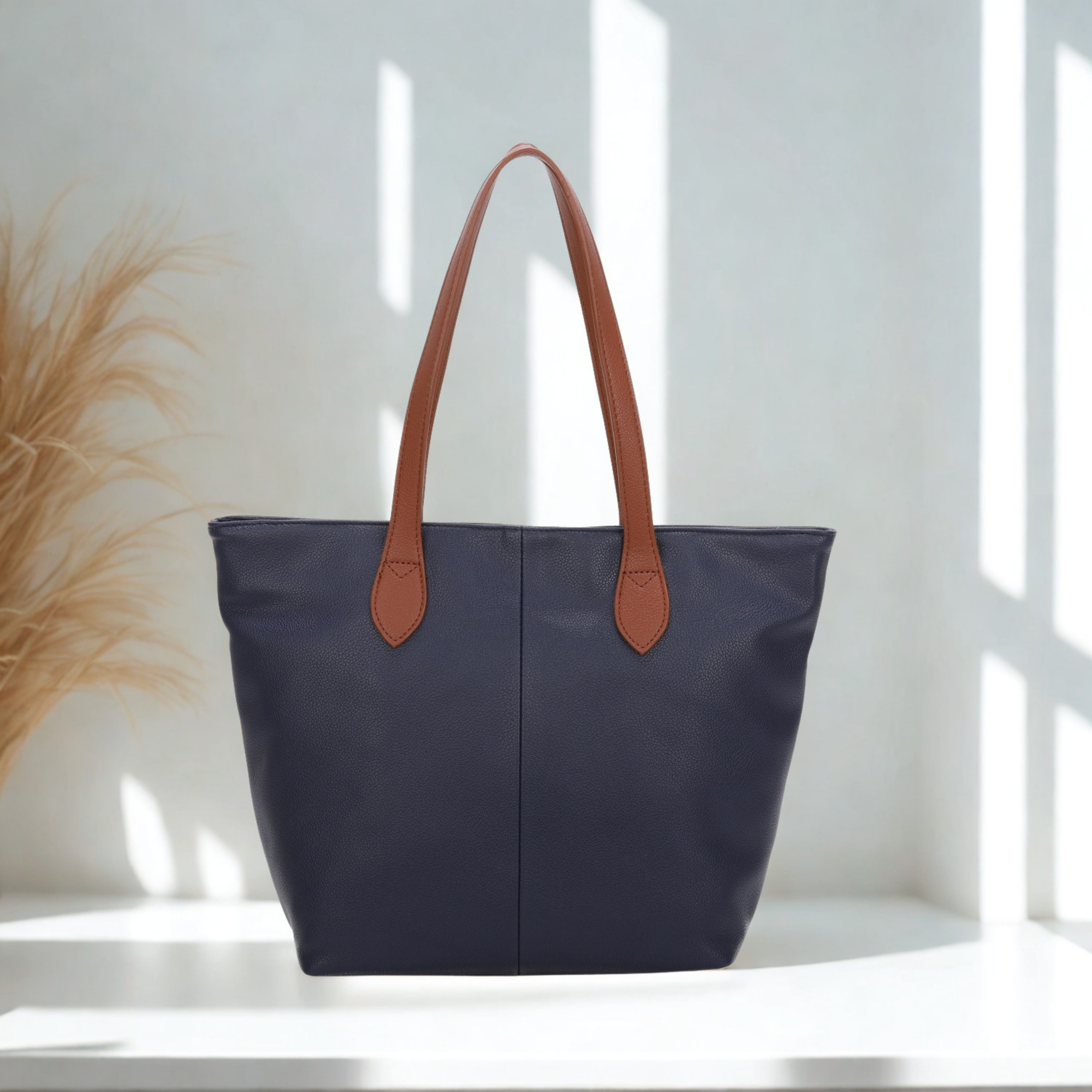 Women’s Large Tote Shoulder Bag Synthetic Handbag with Zip Top & Contrast Straps