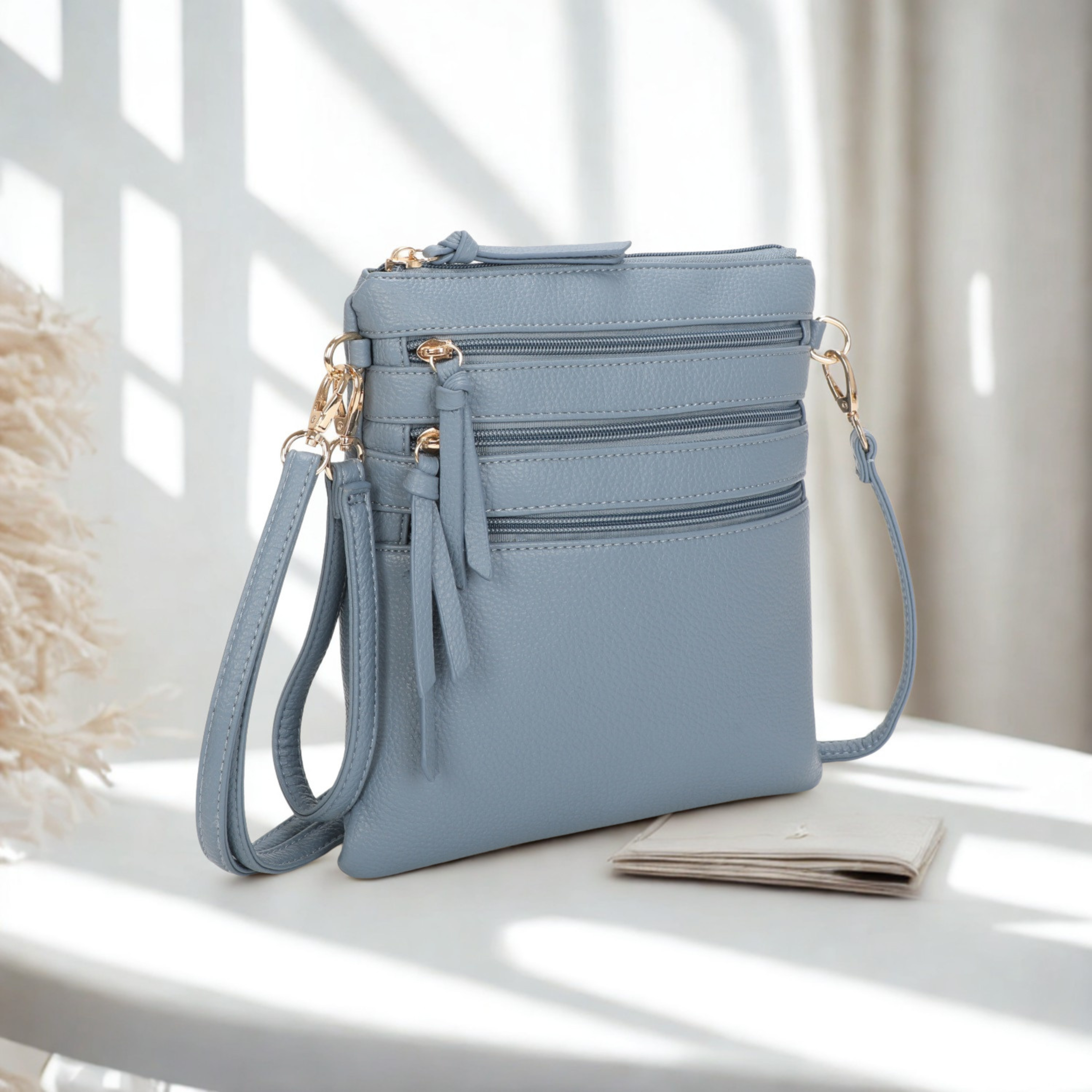 Women’s Multi Zip Crossbody Bag – Slim Synthetic Shoulder Bag with Adjustable Strap