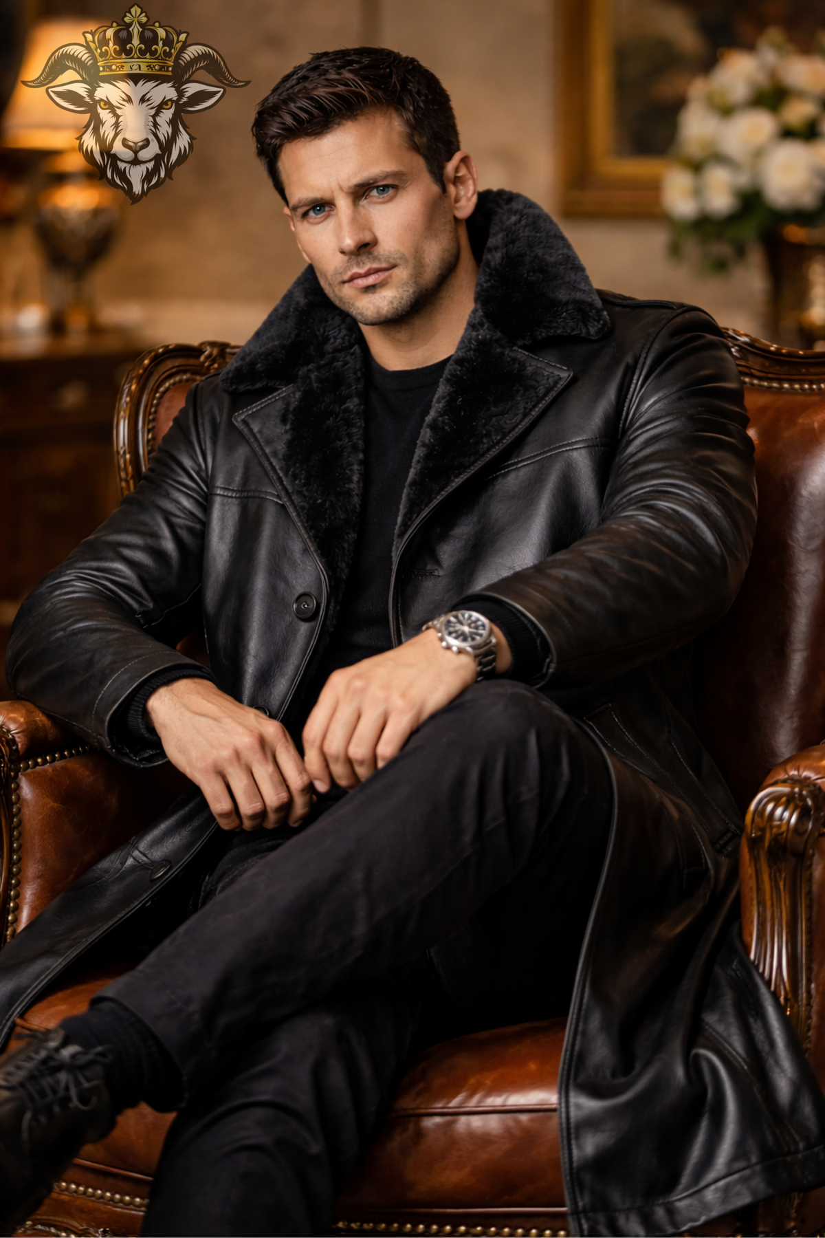 Men Black Real Leather Long Coat Faux Fur Lined Winter Coat Below Knee Trench Coat Button Closure Luxury Leather Overcoat