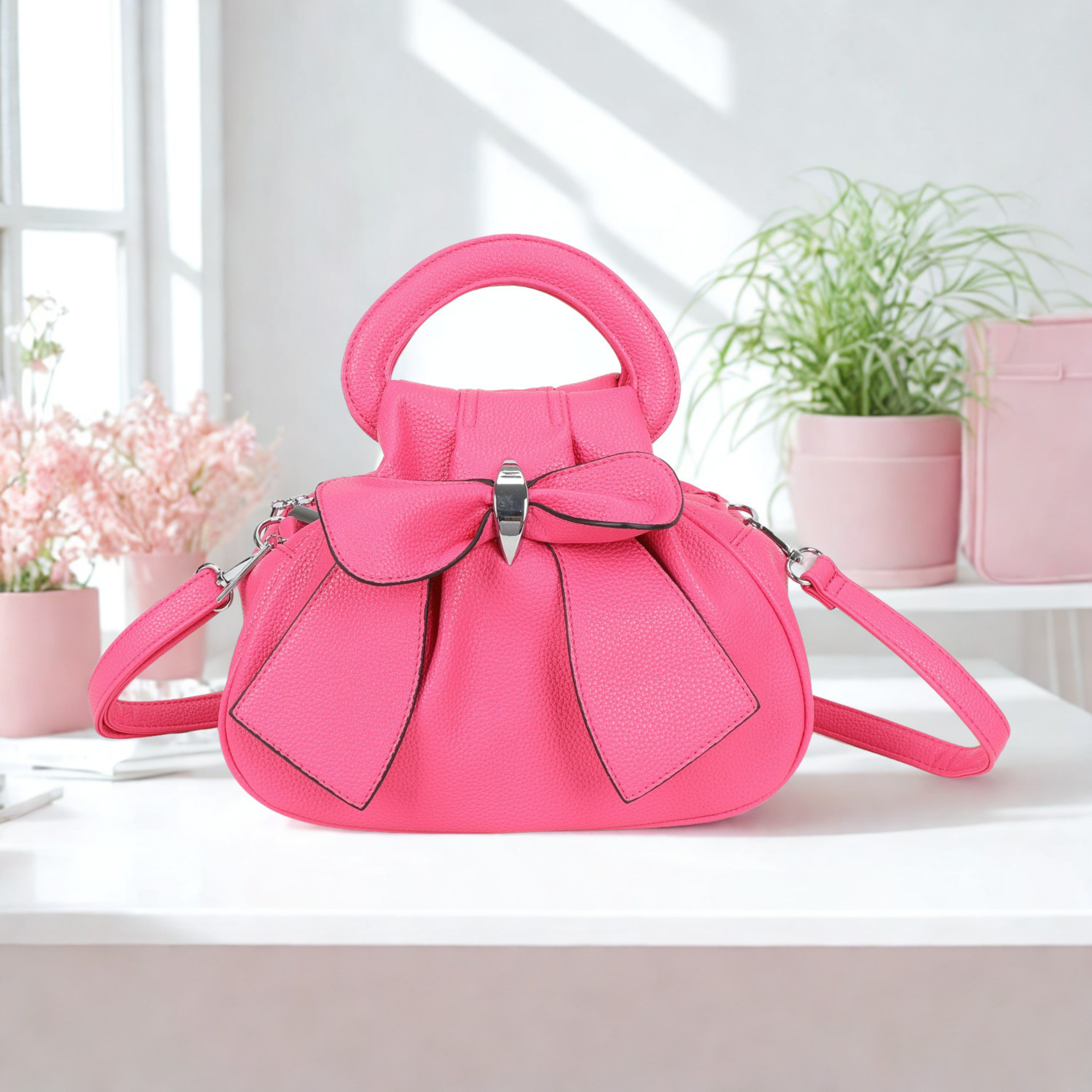 Ladies Bow Grab Bag Synthetic Handbag Crossbody Shoulder Bag 3 Zip Closure