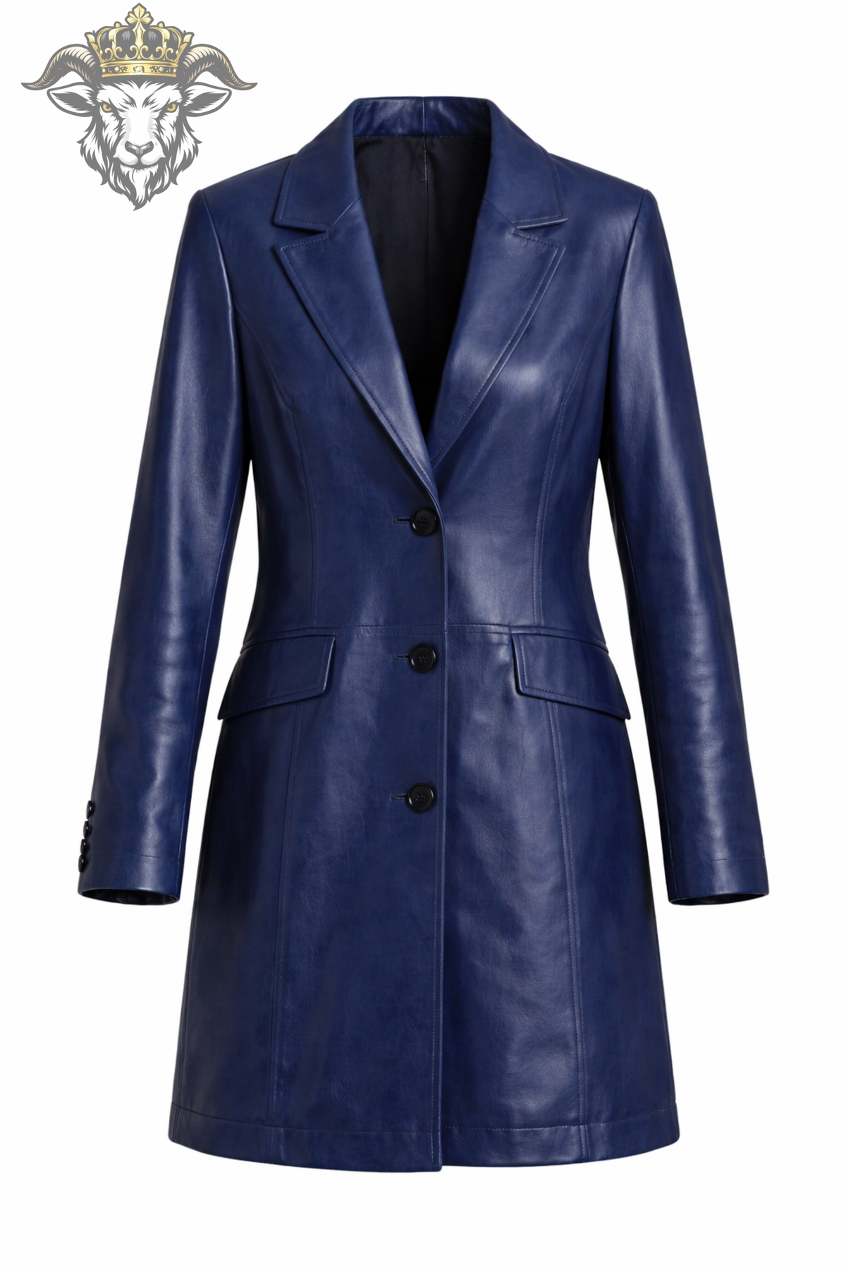 Women's Royal Blue Leather Trench Coat, Tailored Mid Length Button Front Jacket, Glossy Blue Longline Outerwear, Classic Chic Coat