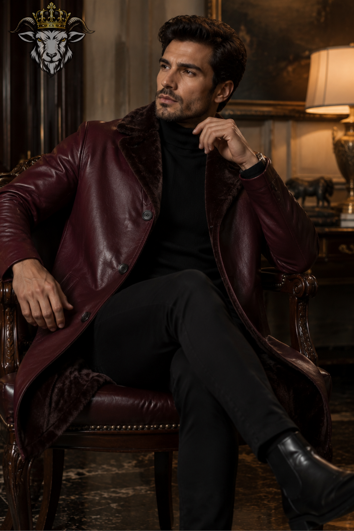 Men's Burgundy Real Leather Long Coat, Faux Fur Lined Leather Overcoat, Tailored Winter Coat, Vintage Luxury Outerwear