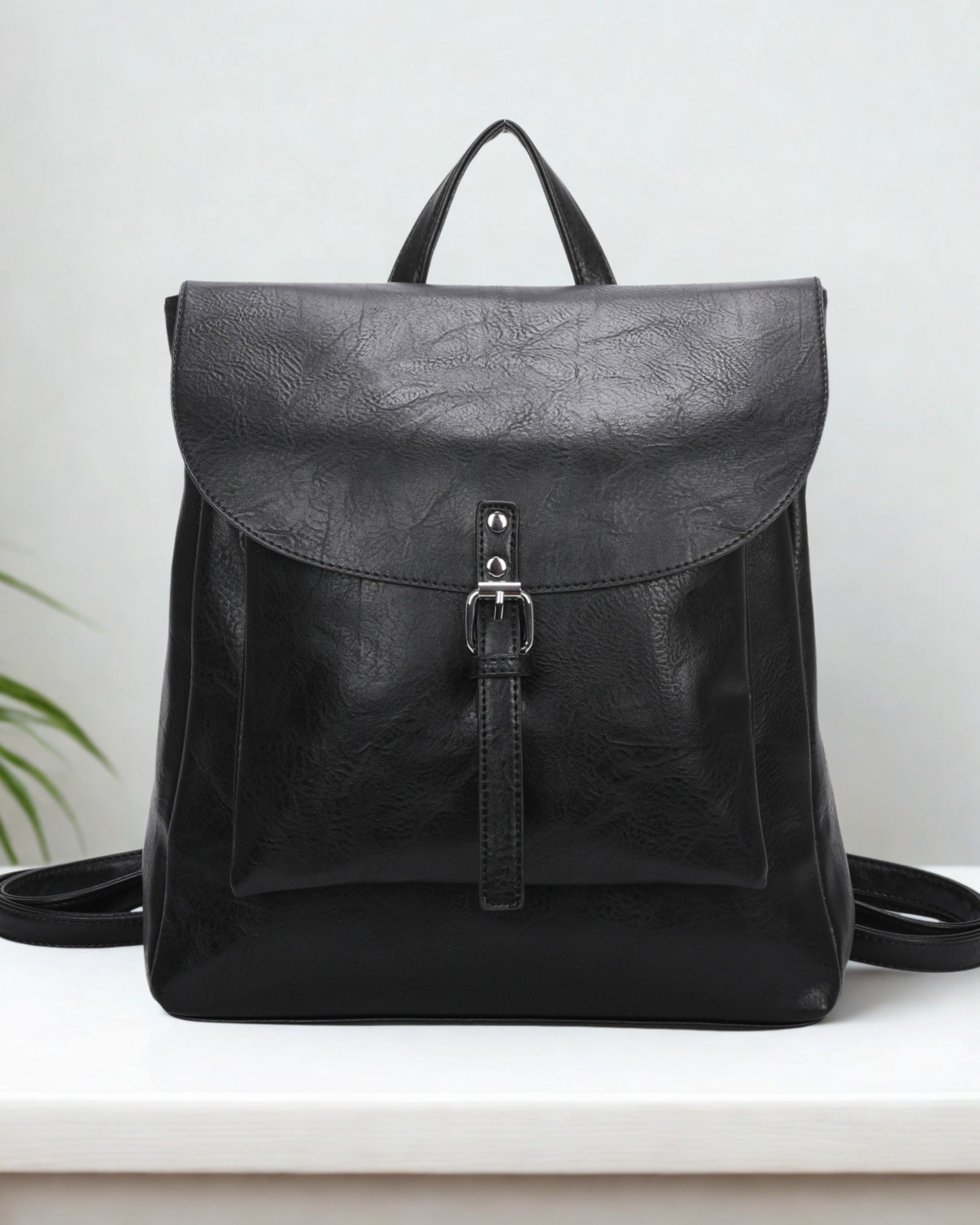 Women Synthetic Leather Look Backpack Flap Over Top Zip Magdot Buckle Bag 33cm