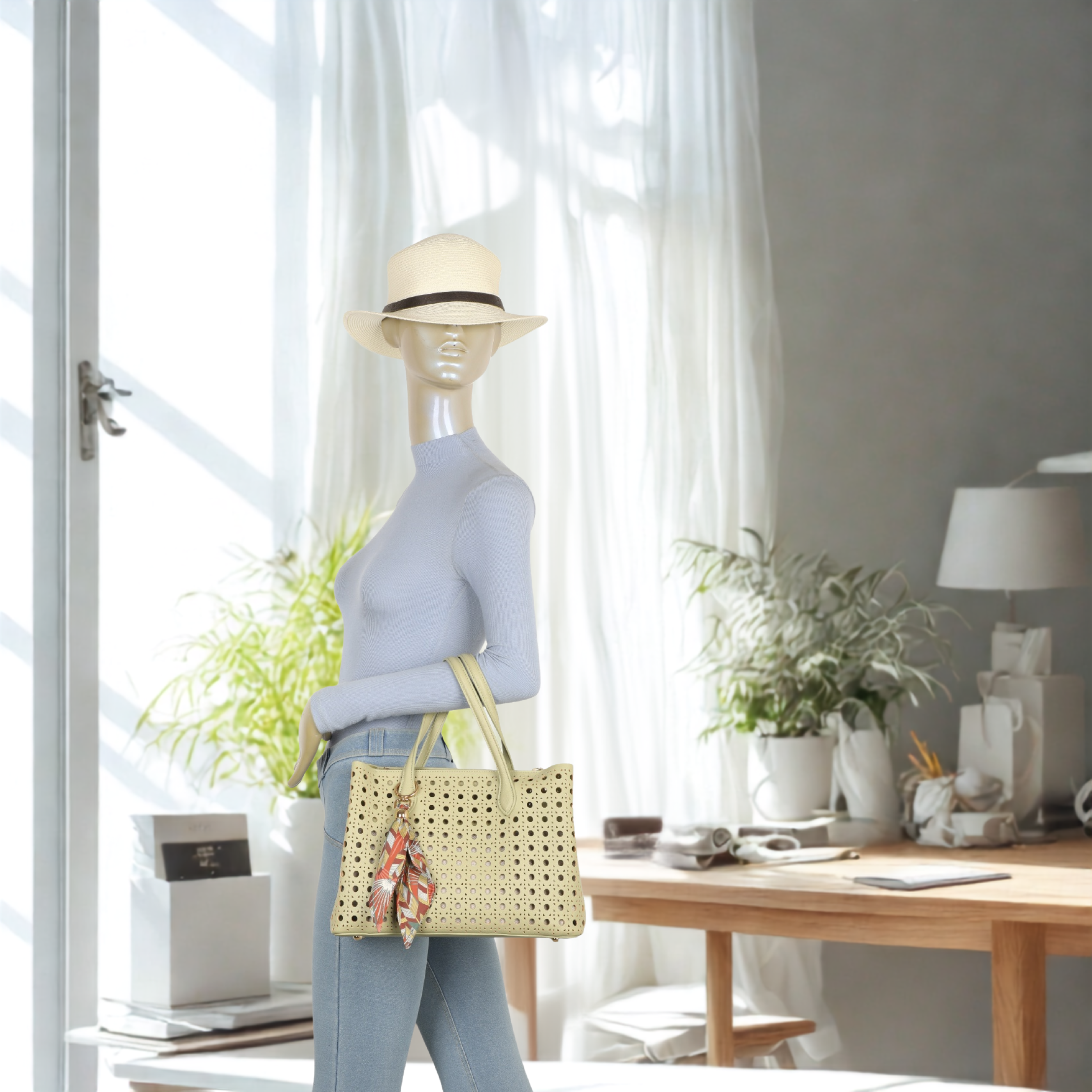 Women’s Laser Cut Tote Bag with Detachable Strap & Scarf Charm