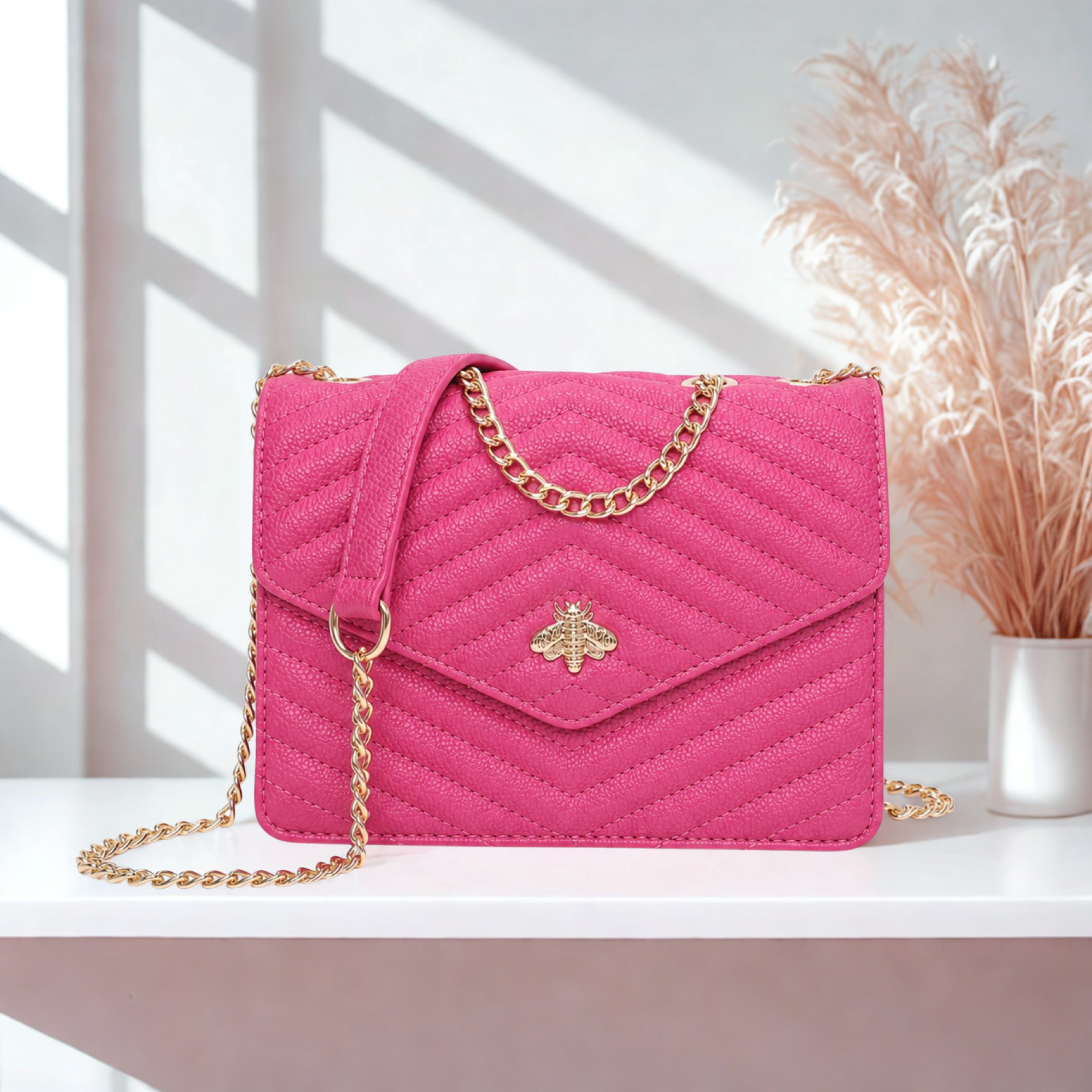 Women’s Quilted Crossbody Bag with Gold Bee Detail – Flap Over Shoulder Handbag with Half Chain Strap