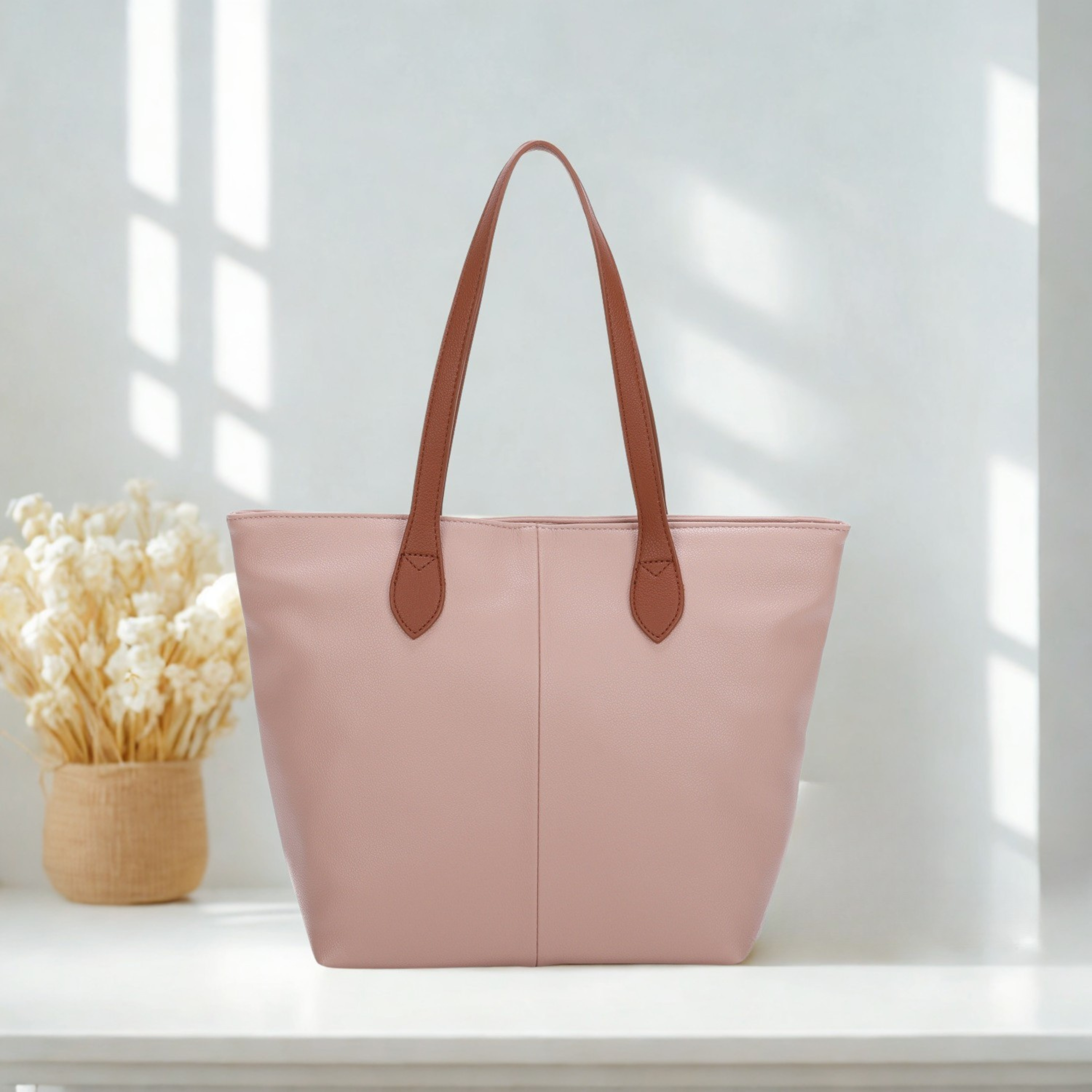 Women’s Large Tote Shoulder Bag Synthetic Handbag with Zip Top & Contrast Straps