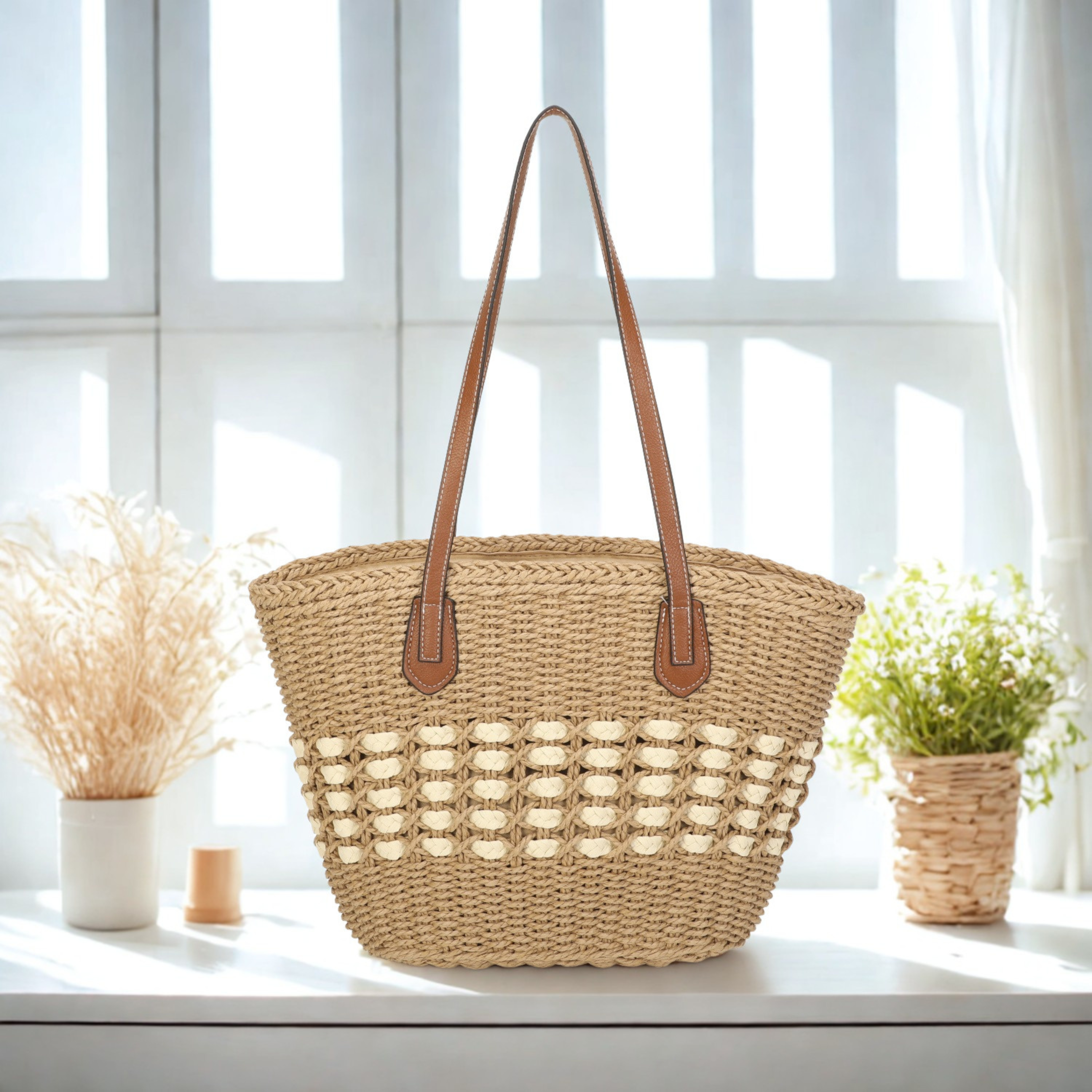 Women’s Straw Tote Bag – Large Summer Beach Handbag, Silver Tone Hardware & Interior Pocket