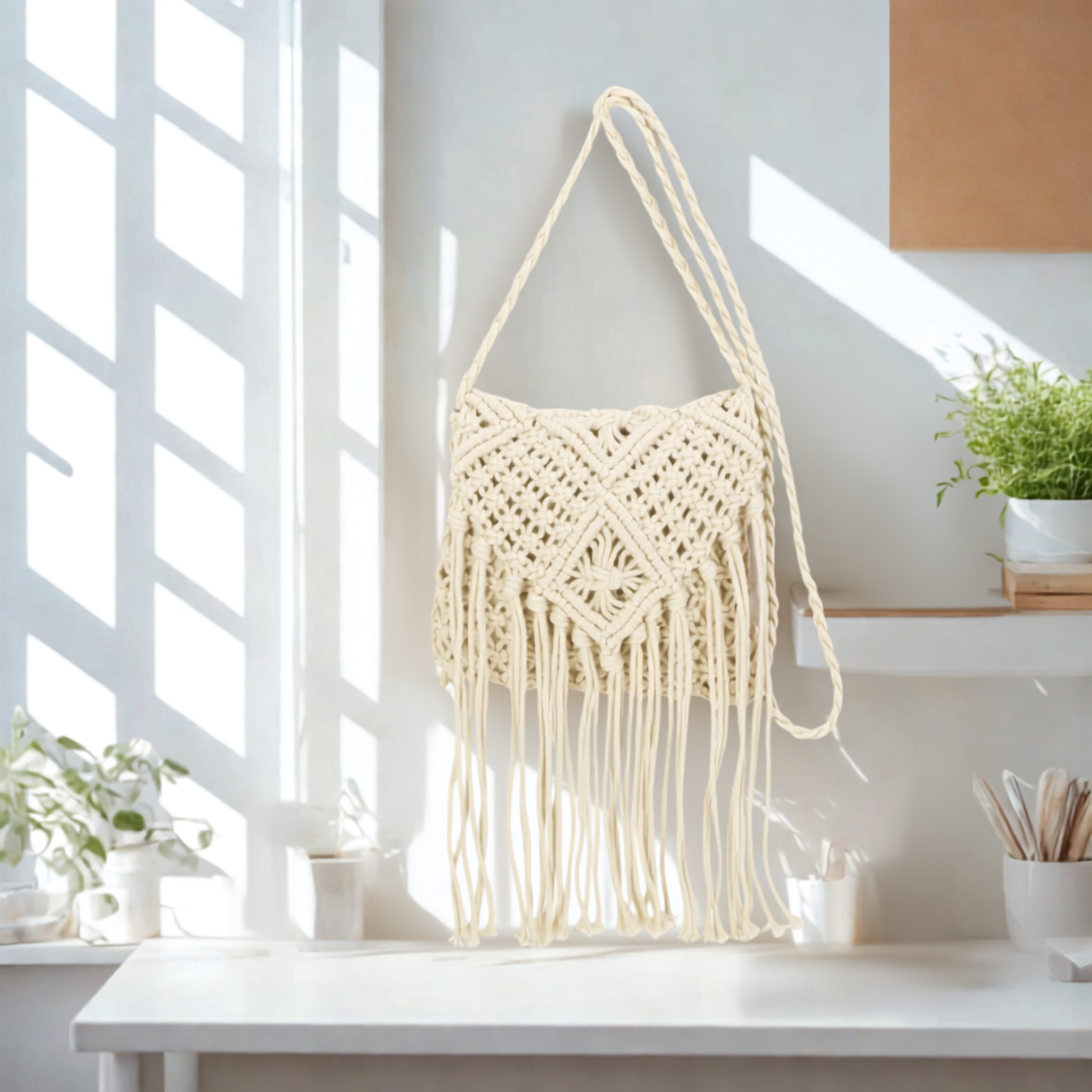 Women’s Knitted Crochet Shoulder Bag – Synthetic Top Zip Flap Crossbody Bag with Long Strap