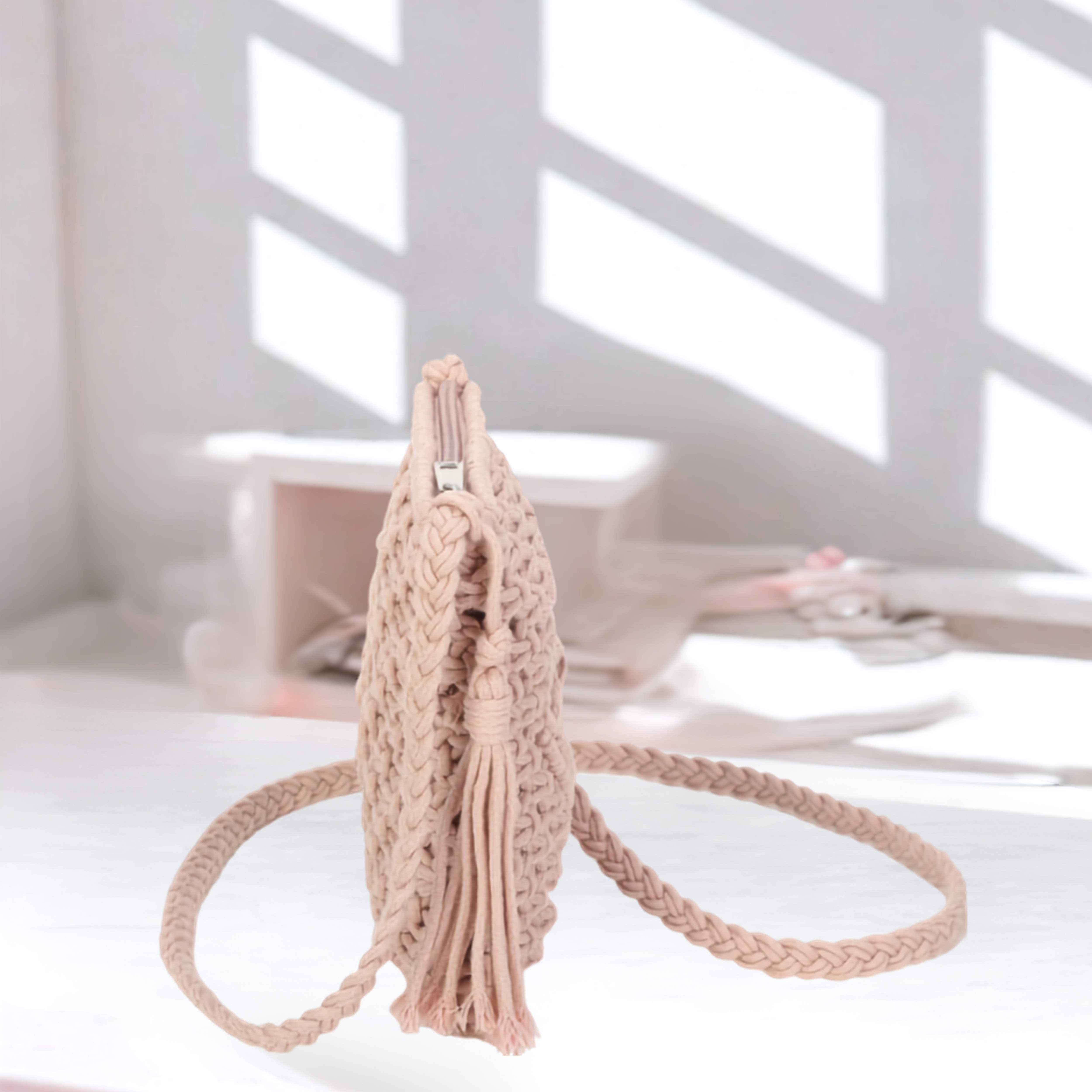 Women’s Crochet Crossbody Bag – Knitted Synthetic Shoulder Bag with Zip Closure