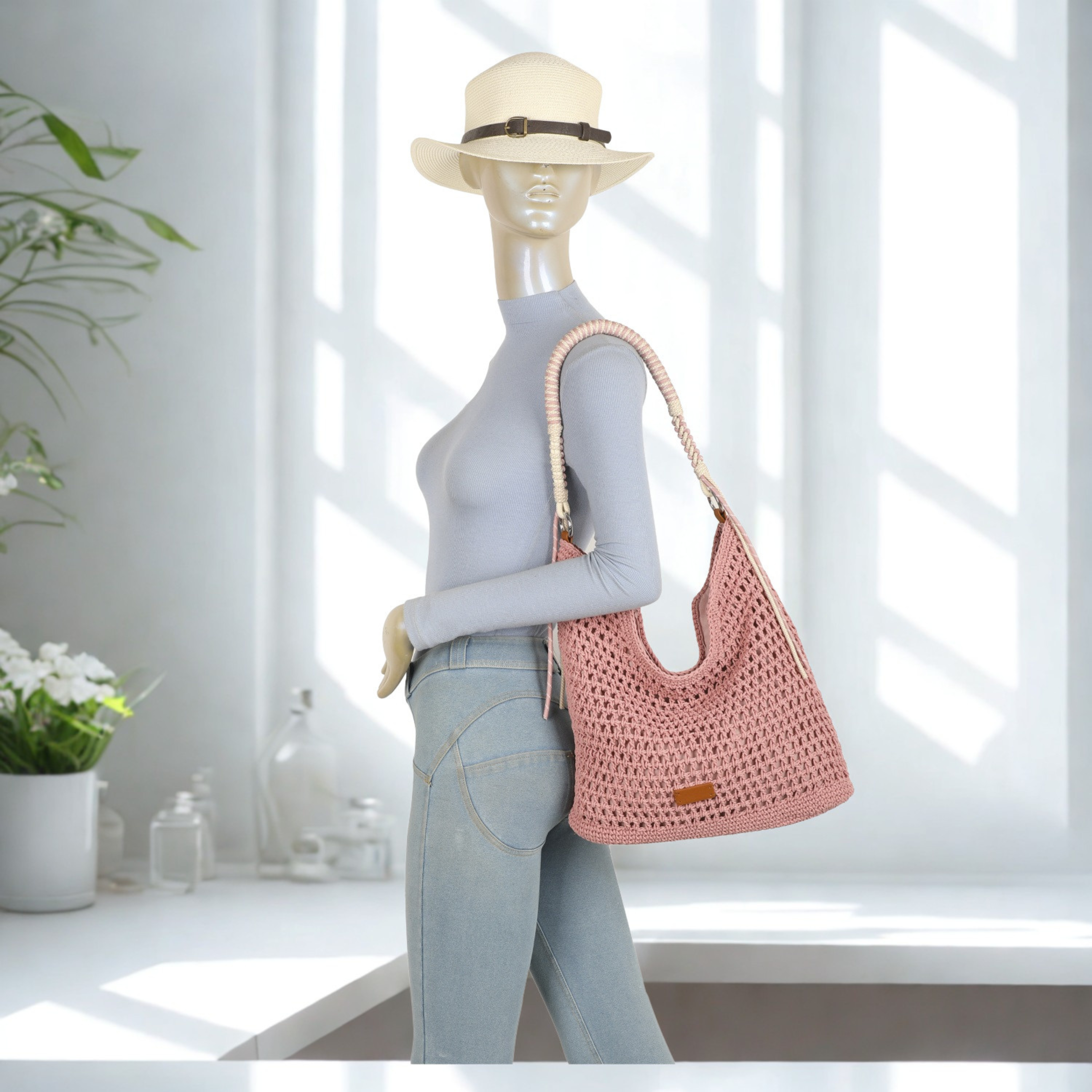 Women’s Crochet Hobo Shoulder Bag Synthetic Handmade Braided Strap Zip Handbag