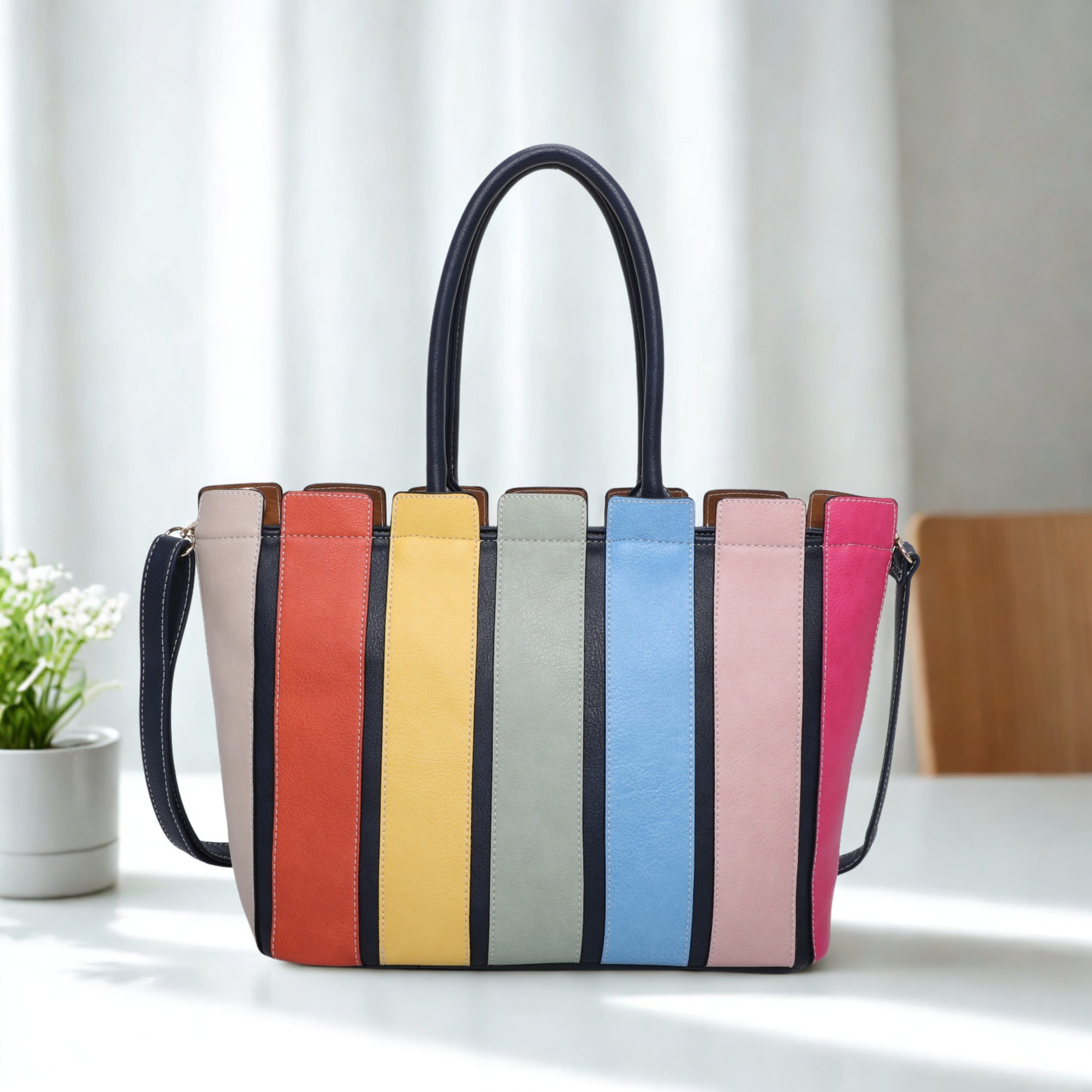 Women’s Large Striped Tote Bag Zip Top Shoulder Crossbody Handbag