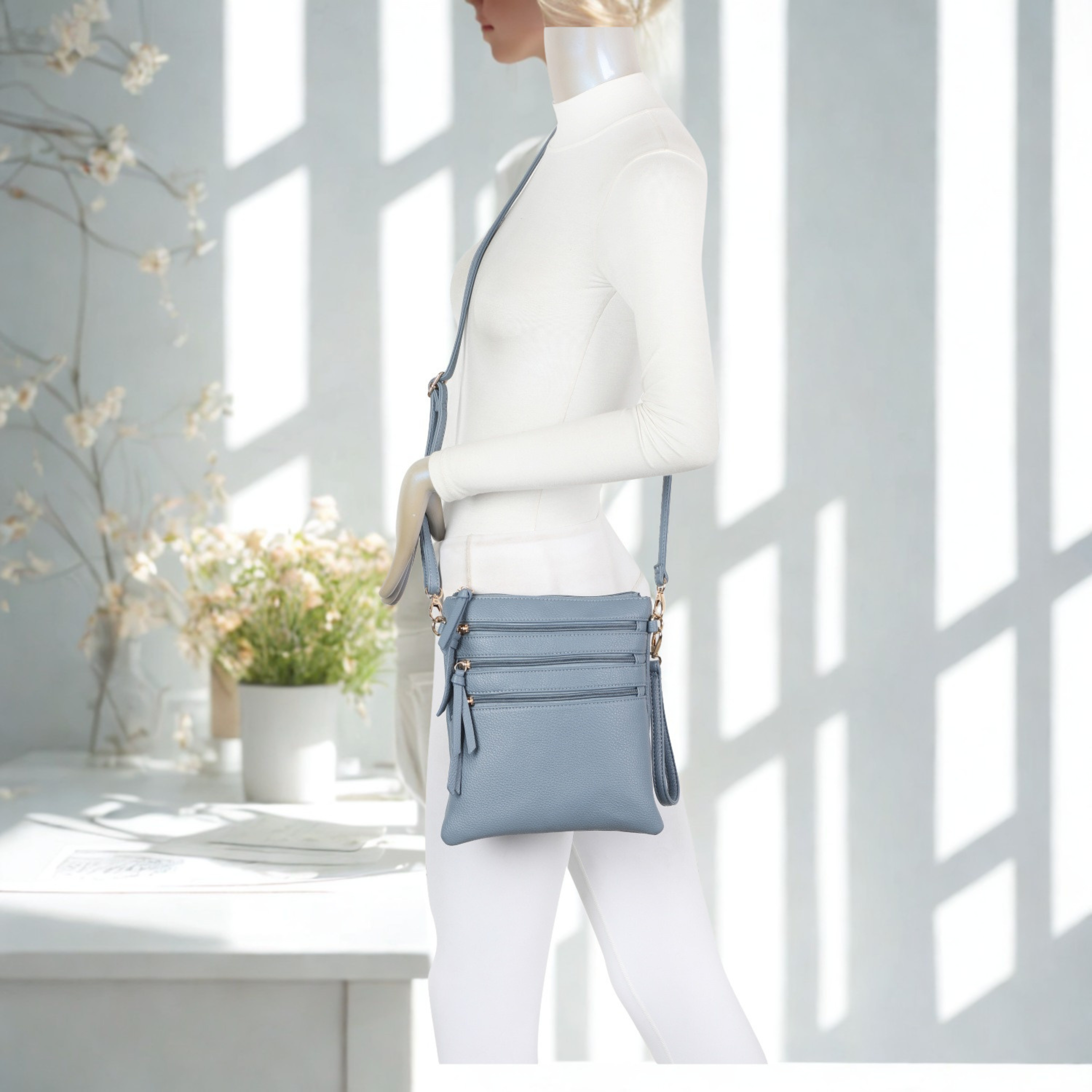 Women’s Multi Zip Crossbody Bag – Slim Synthetic Shoulder Bag with Adjustable Strap
