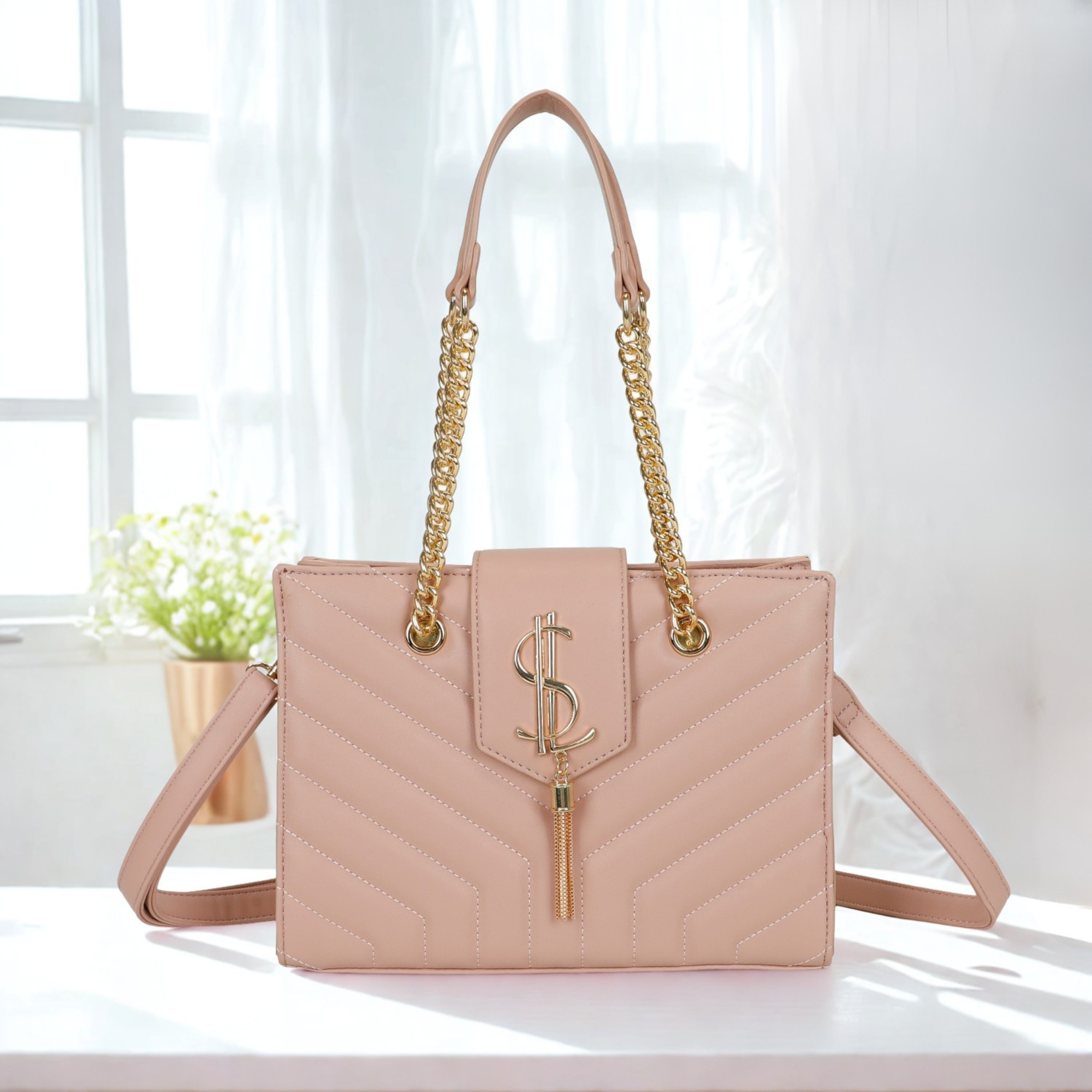 Women’s Quilted Shoulder Bag with Gold Chain Handles, Detachable Crossbody Strap