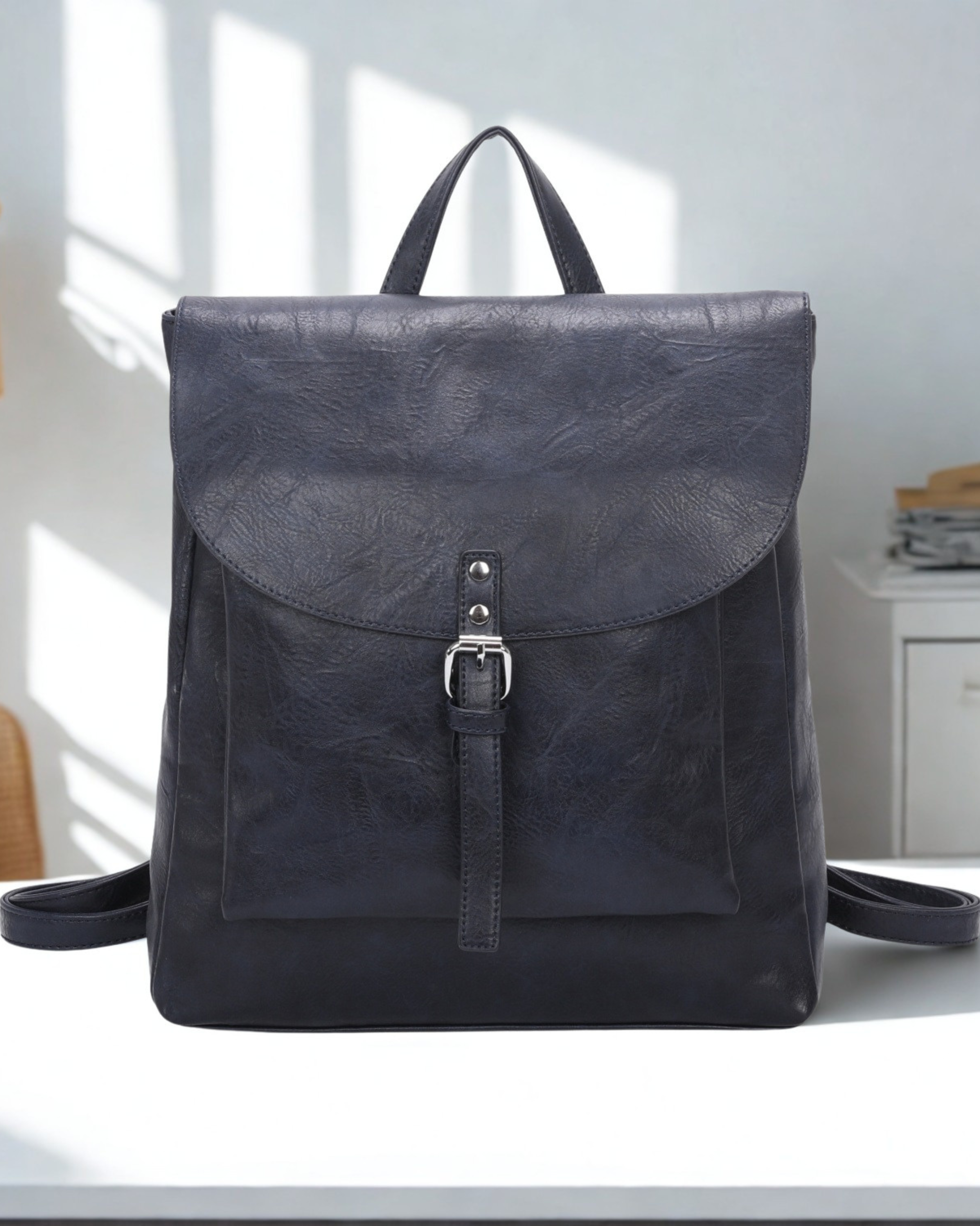 Women Synthetic Leather Look Backpack Flap Over Top Zip Magdot Buckle Bag 33cm