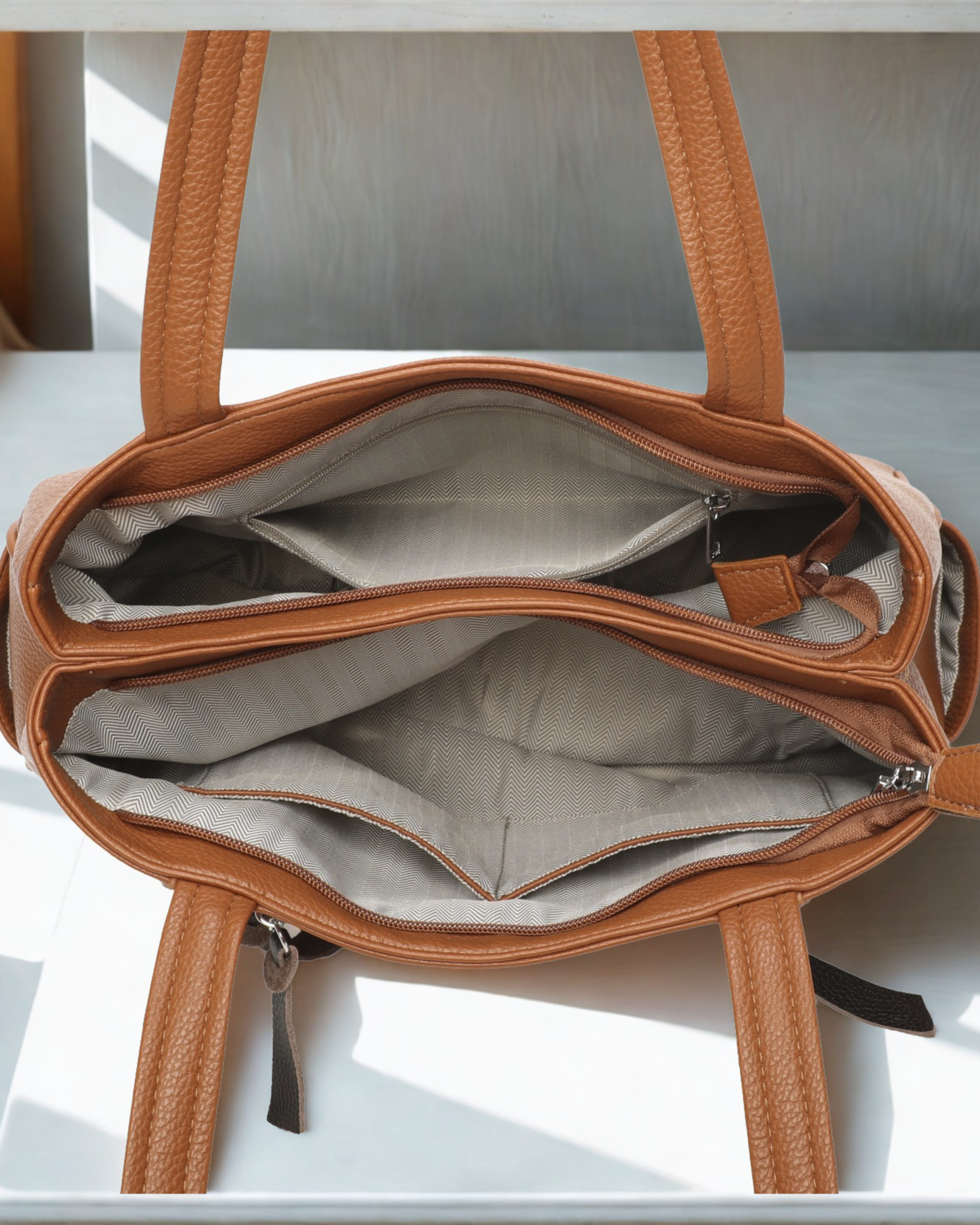 Women’s Multi Pocket Tote Shoulder Bag – Top Zip Closure, Double Compartment Handbag
