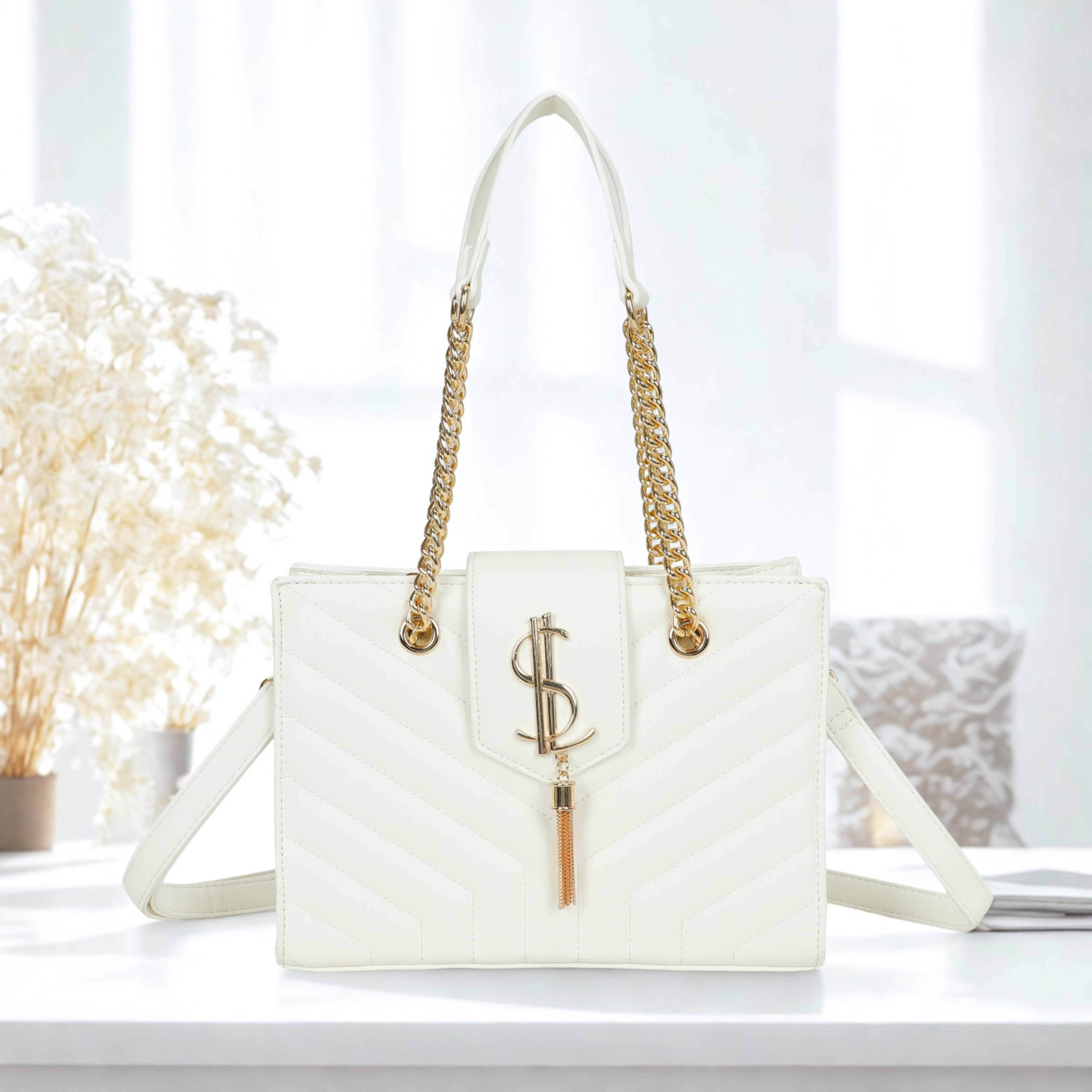Women’s Quilted Shoulder Bag with Gold Chain Handles, Detachable Crossbody Strap