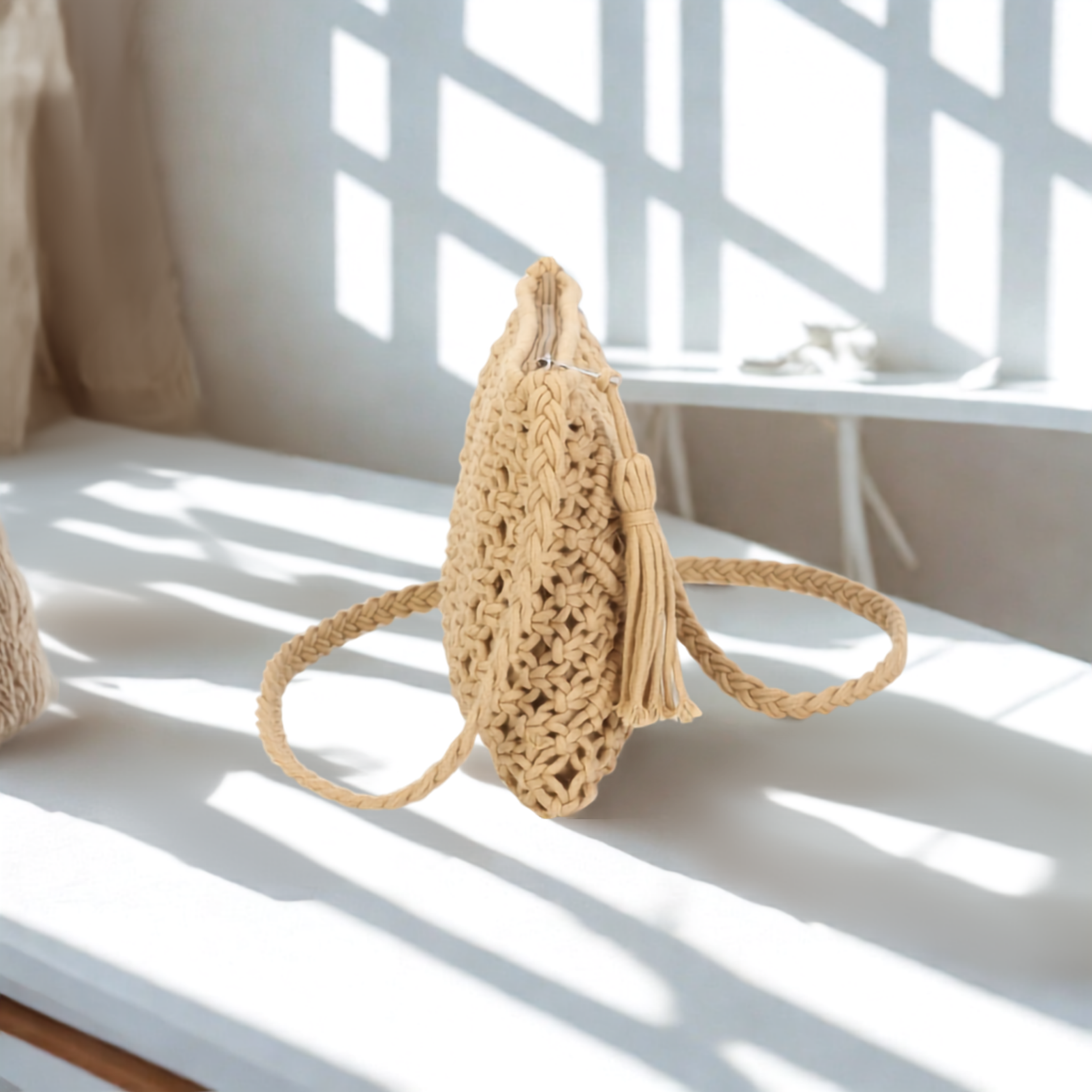 Women’s Knitted Crochet Crossbody Bag – Synthetic Top Zip Shoulder Bag with Long Strap