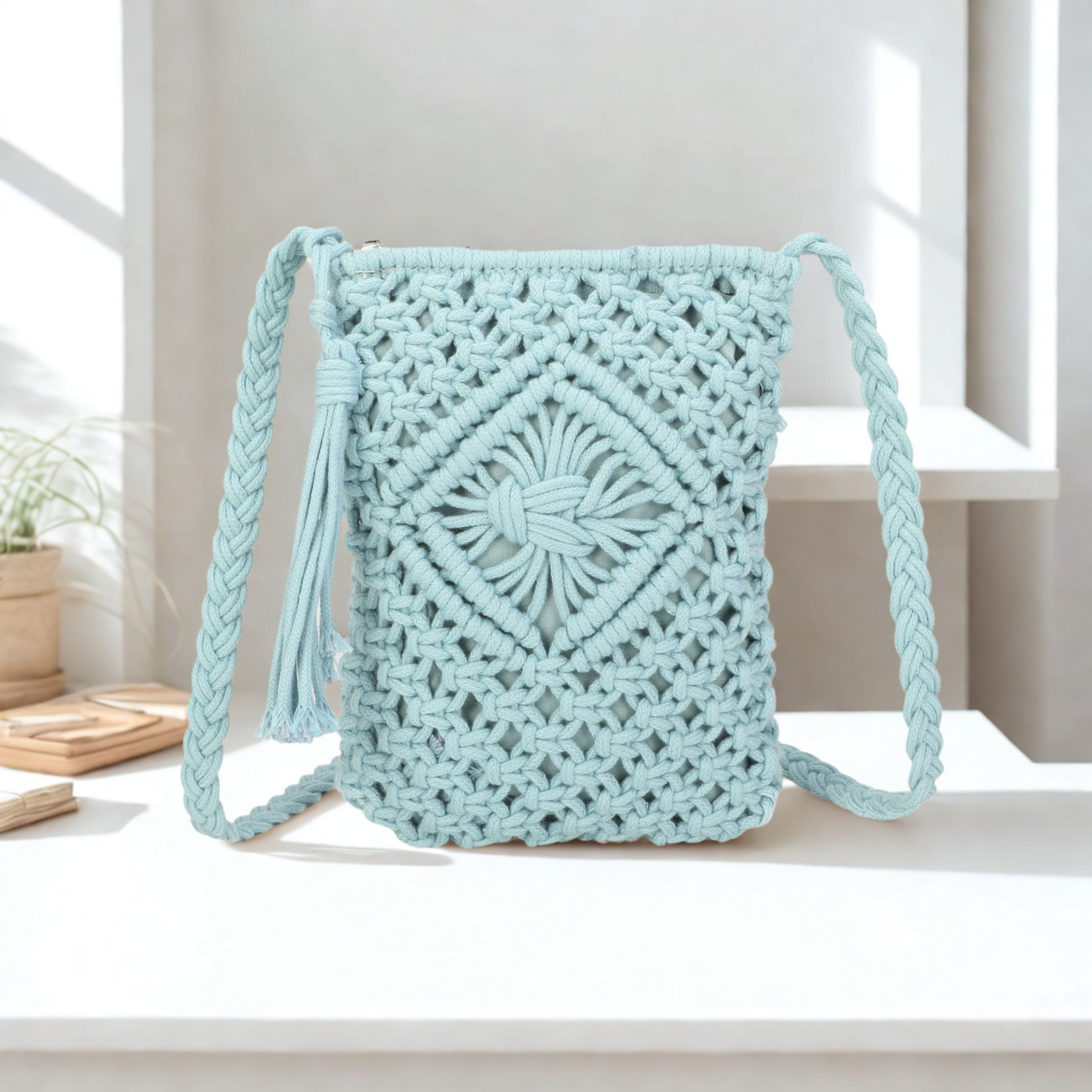 Women’s Crochet Crossbody Bag – Knitted Synthetic Shoulder Bag with Zip Closure