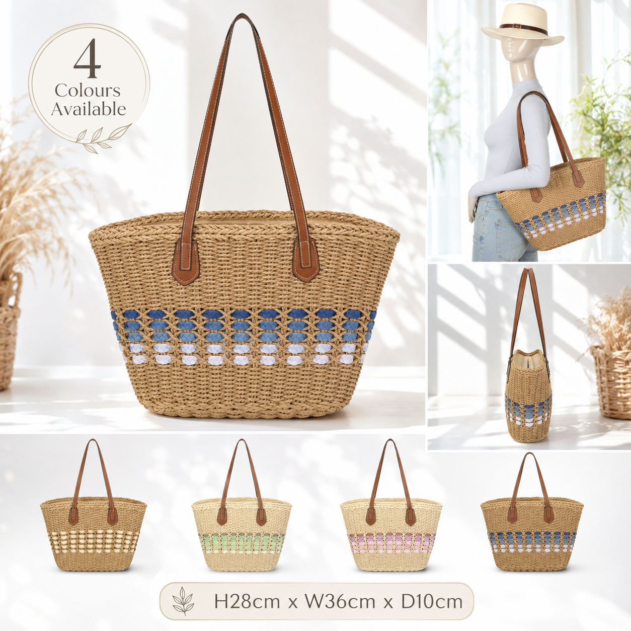 Women’s Straw Tote Bag – Large Summer Beach Handbag, Silver Tone Hardware & Interior Pocket
