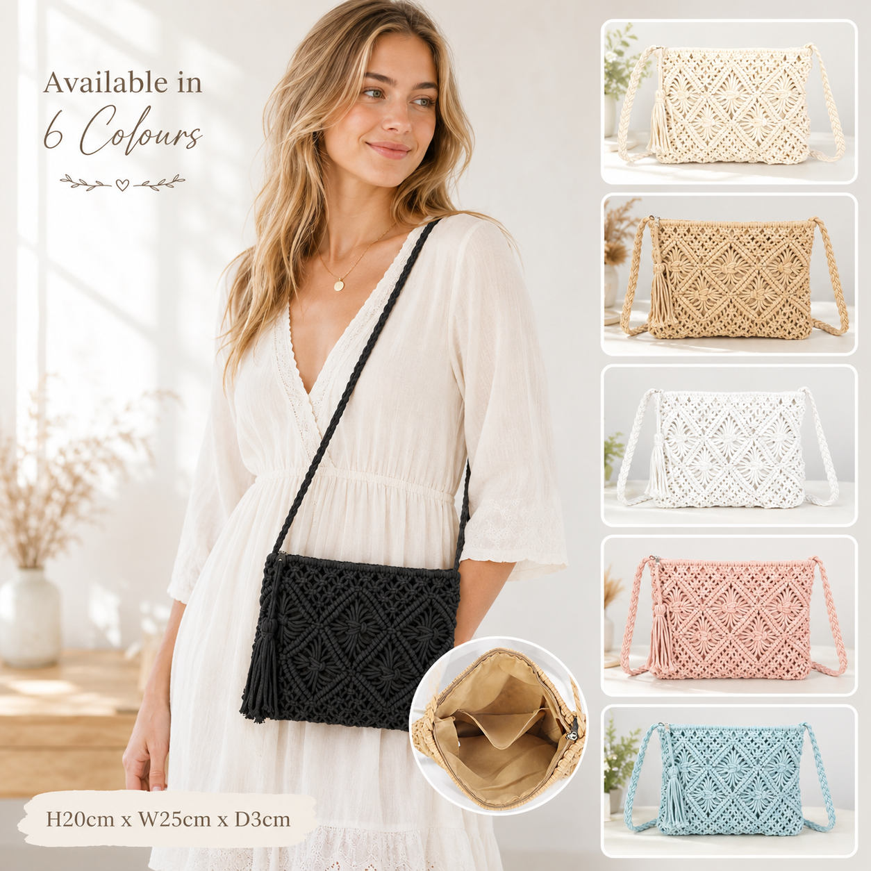 Women’s Knitted Crochet Crossbody Bag – Synthetic Top Zip Shoulder Bag with Long Strap