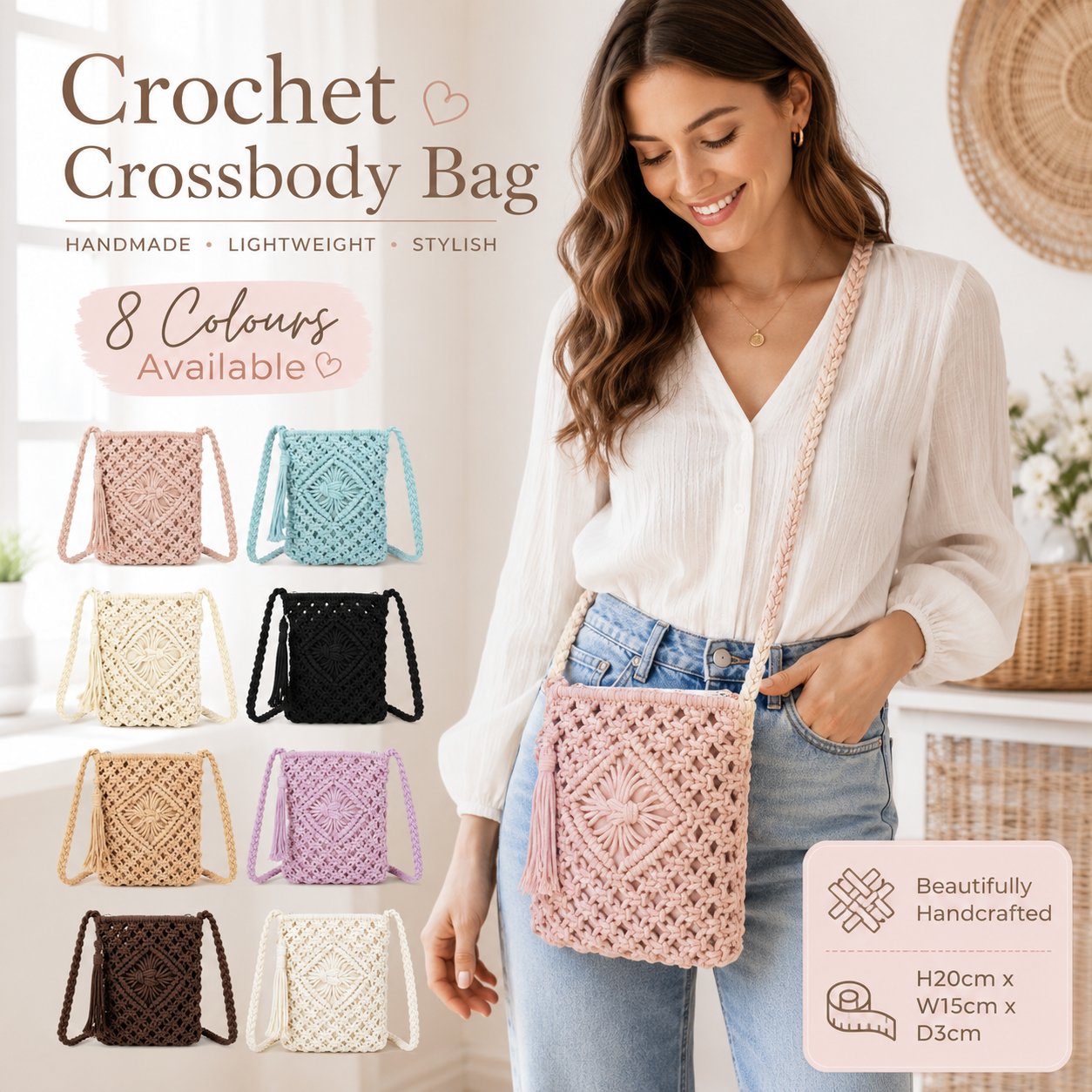 Women’s Crochet Crossbody Bag – Knitted Synthetic Shoulder Bag with Zip Closure