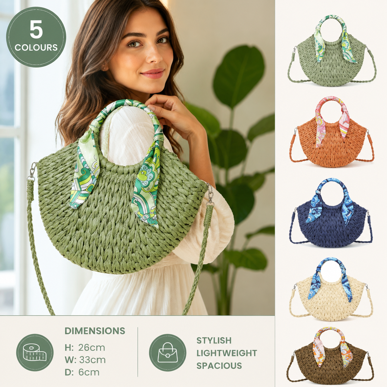 Women’s Synthetic Handbag with Detachable Strap & Scarf – Zip Top Closure Multiway Crossbody Shoulder Bag