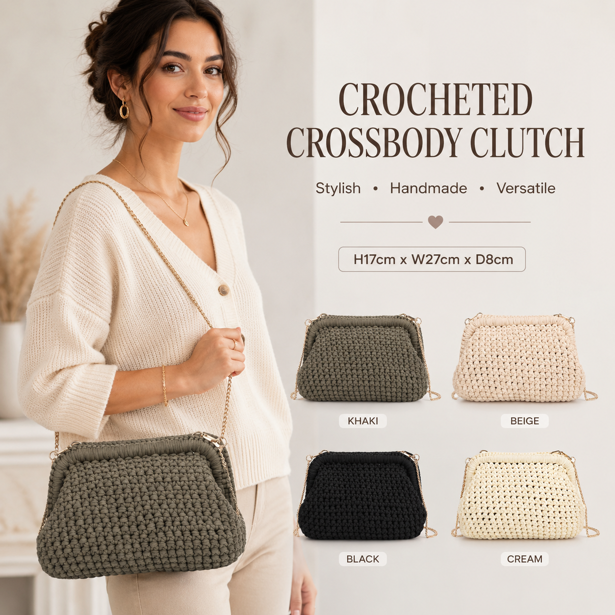 Ladies Crochet Crossbody Clutch Bag Gold Chain Snap Evening Shoulder Handbag