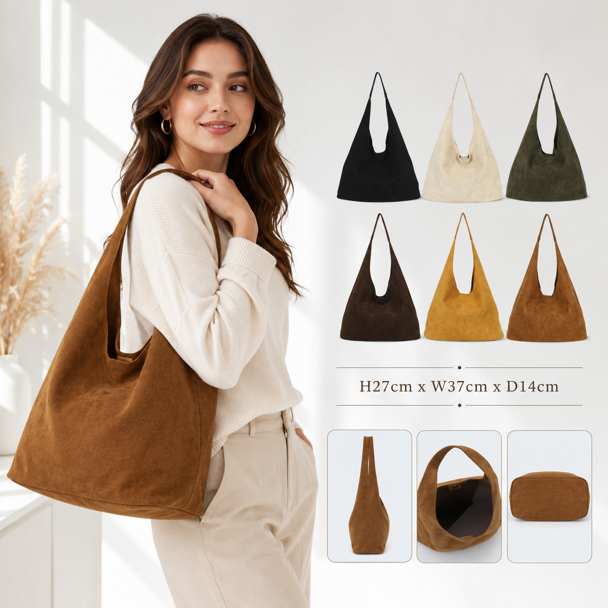 Women’s Suede Effect Hobo Shoulder Bag Slouch Tote Handbag with Removable Pouch
