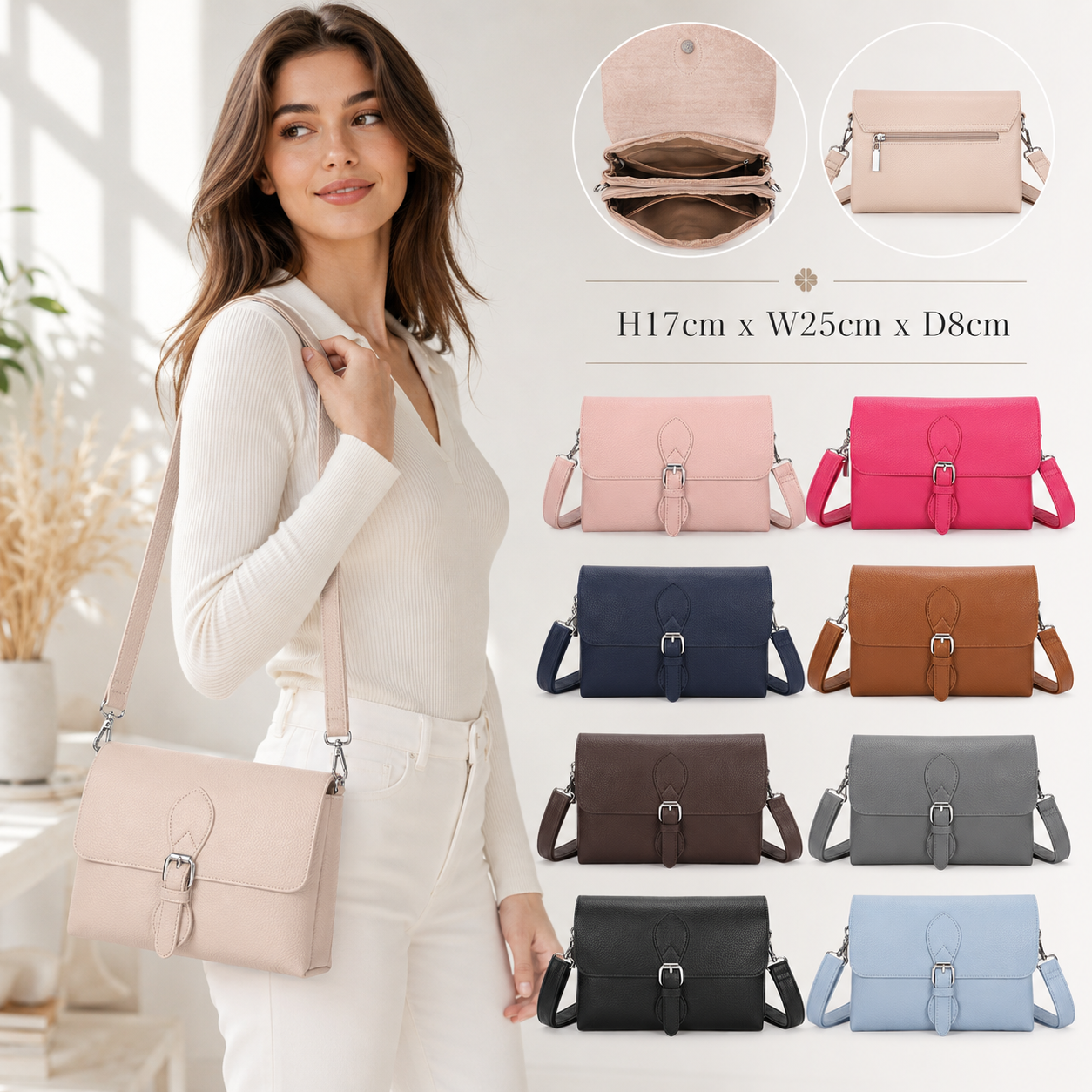 Women’s Crossbody Bag Small Synthetic PVC Flap Shoulder Bag Double Zip Compartments