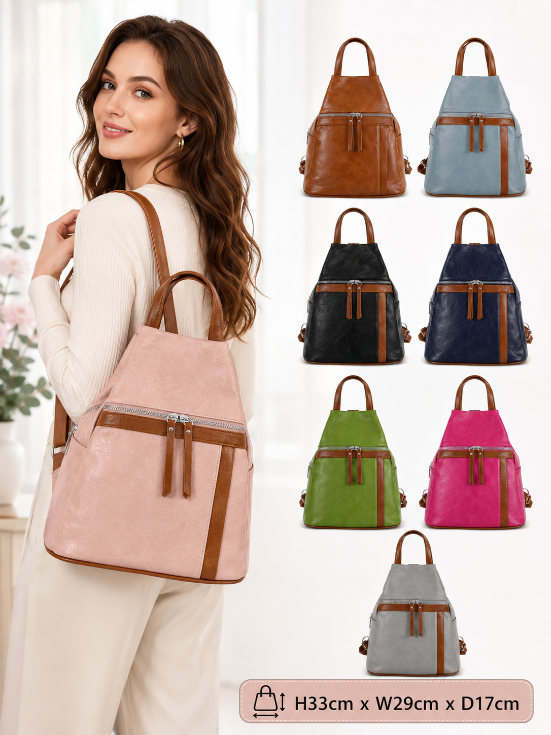 Womens Backpack Handbag Ladies Synthetic Rucksack Shoulder Bag Zip Pockets