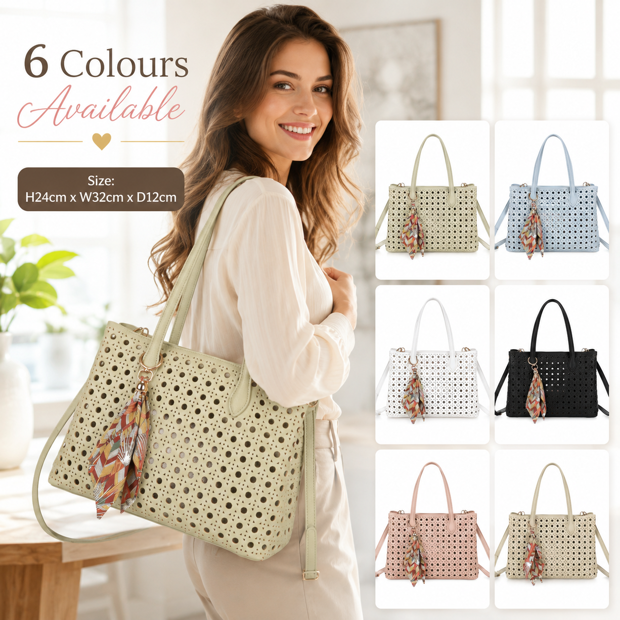 Women’s Laser Cut Tote Bag with Detachable Strap & Scarf Charm