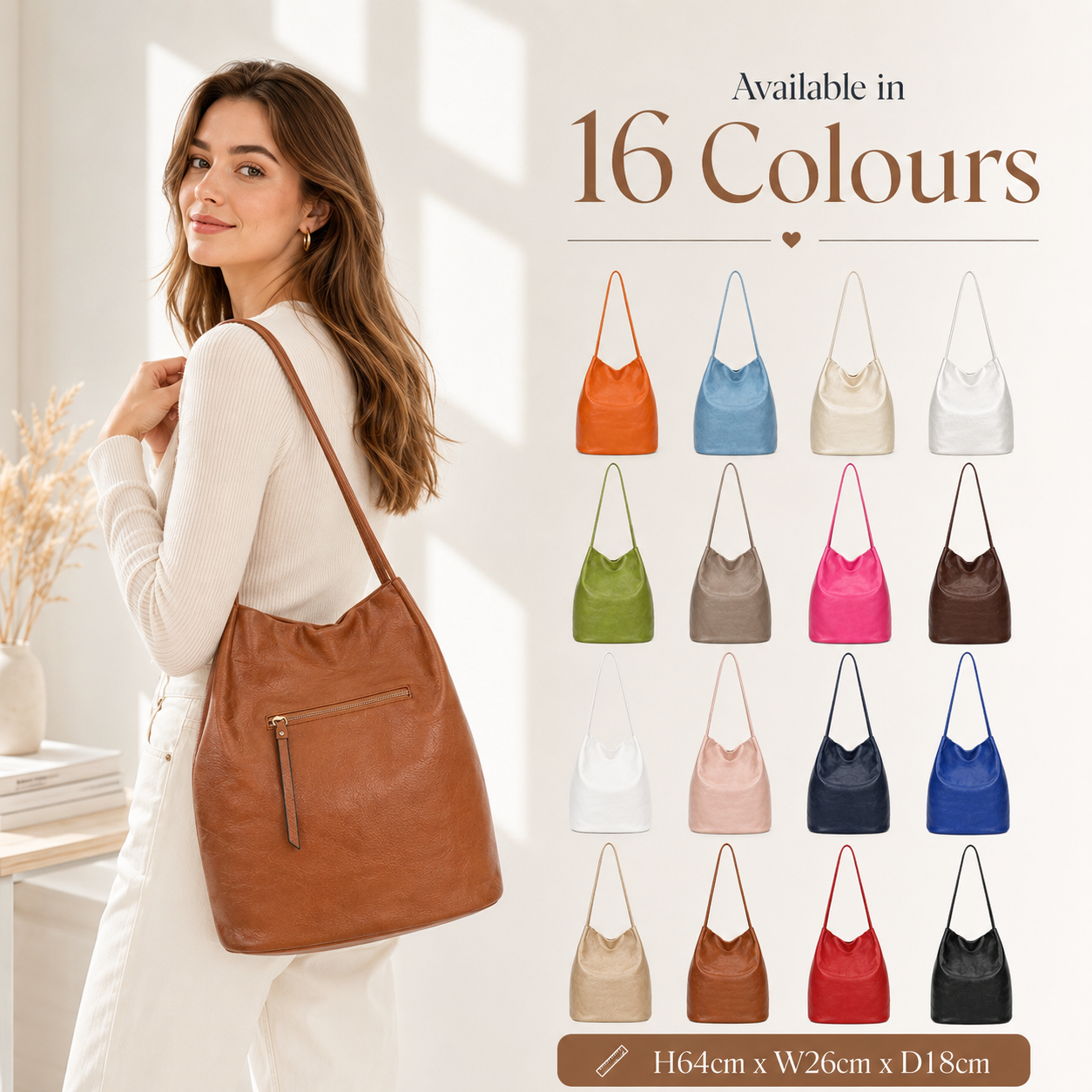 Large Women’s Hobo Shoulder Bag Plain Tote Handbag Zip Pockets 16 Colours
