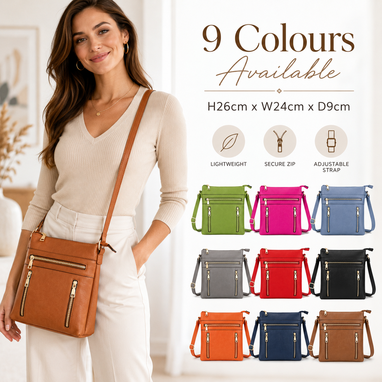 Women’s Multi Pocket Crossbody Bag Adjustable Strap Zip Shoulder Handbag