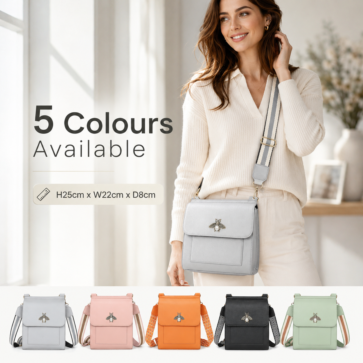 Women’s Bee Crossbody Bag with Pearl Detail, Flap Magdot Closure & Detachable Strap