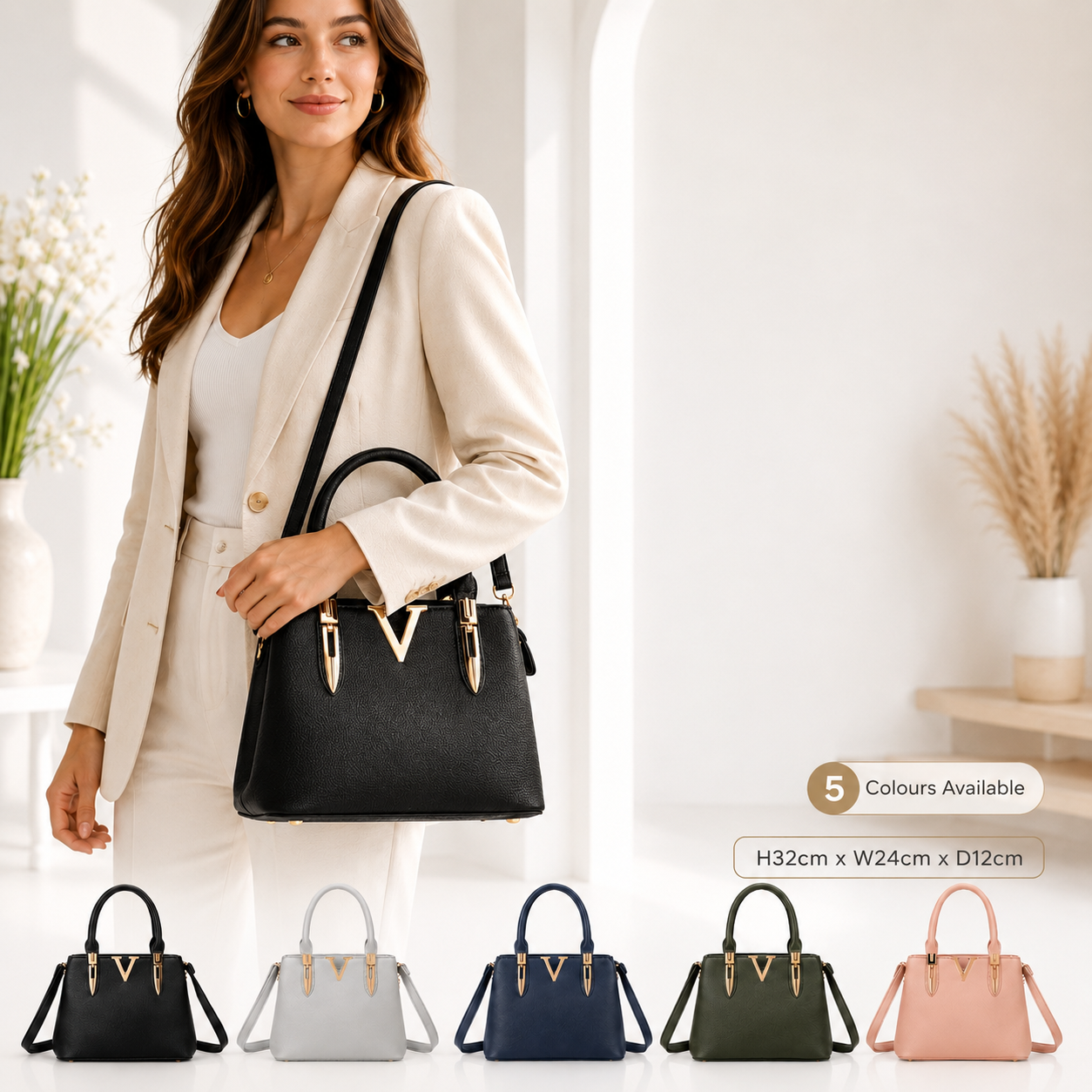 Women’s Structured Grab Handbag Crossbody Shoulder Bag with Gold Hardware – 5 Colours