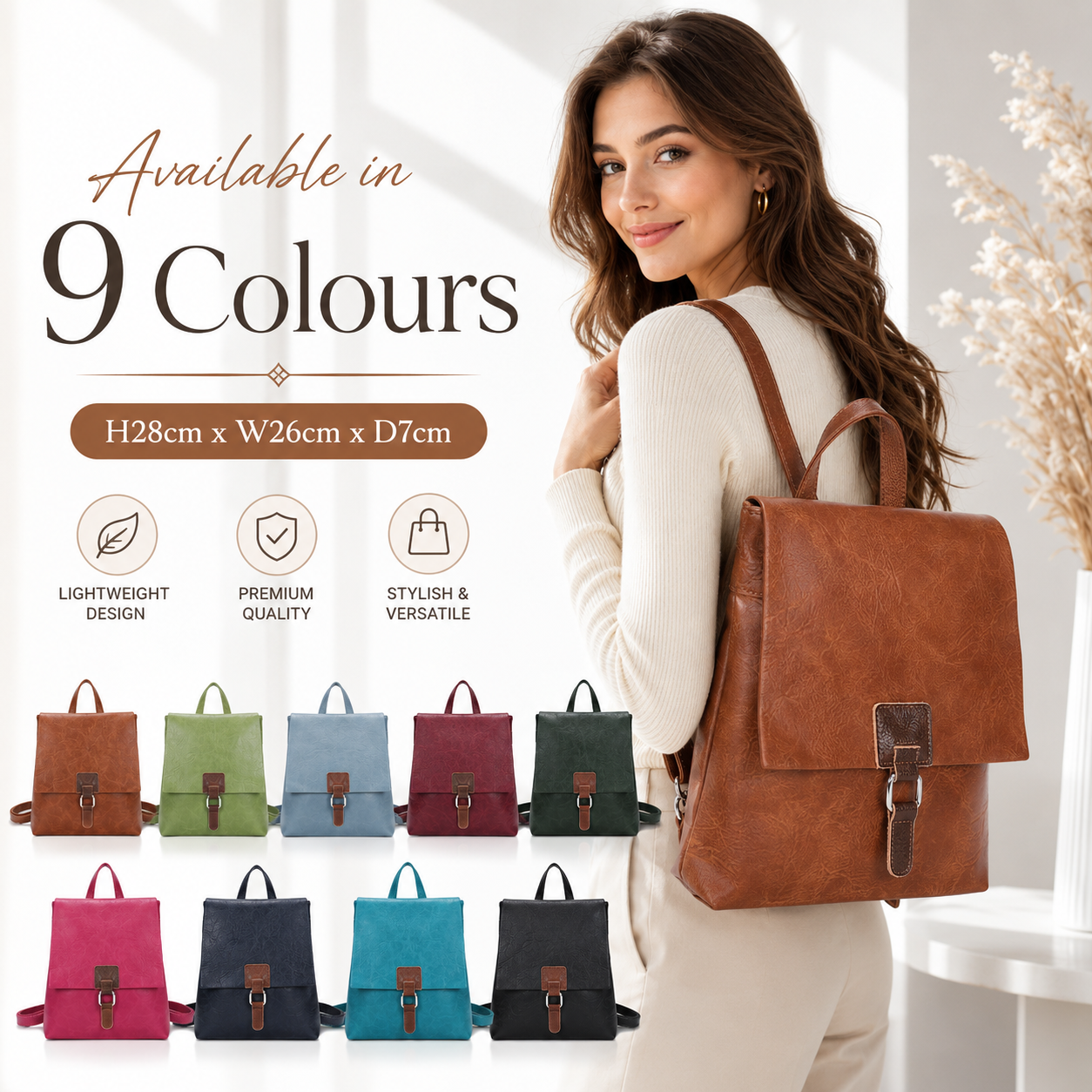 Ladies Flap Over Backpack Handbag, Synthetic Leather Trim Rucksack Shoulder Bag