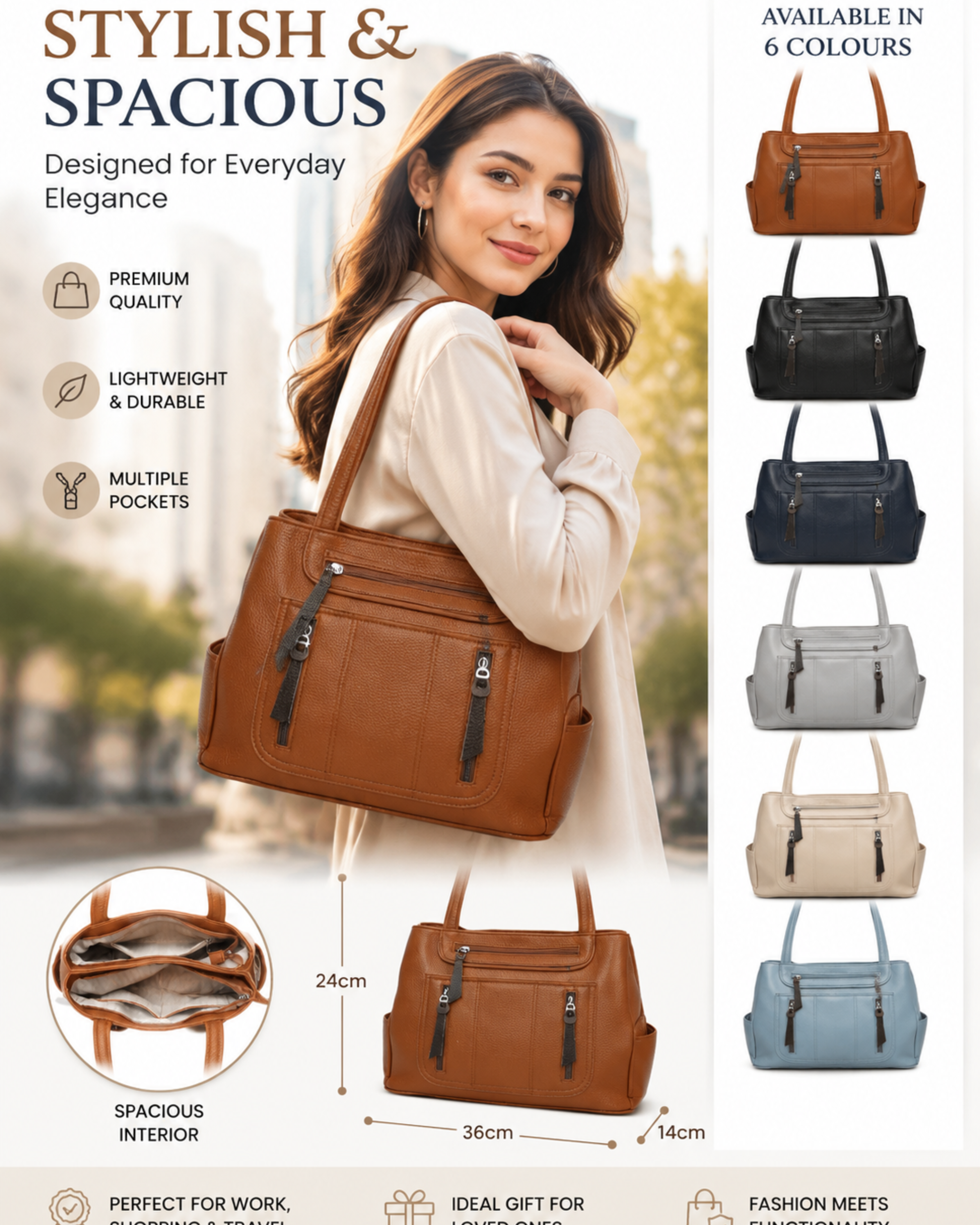 Women’s Multi Pocket Tote Shoulder Bag – Top Zip Closure, Double Compartment Handbag