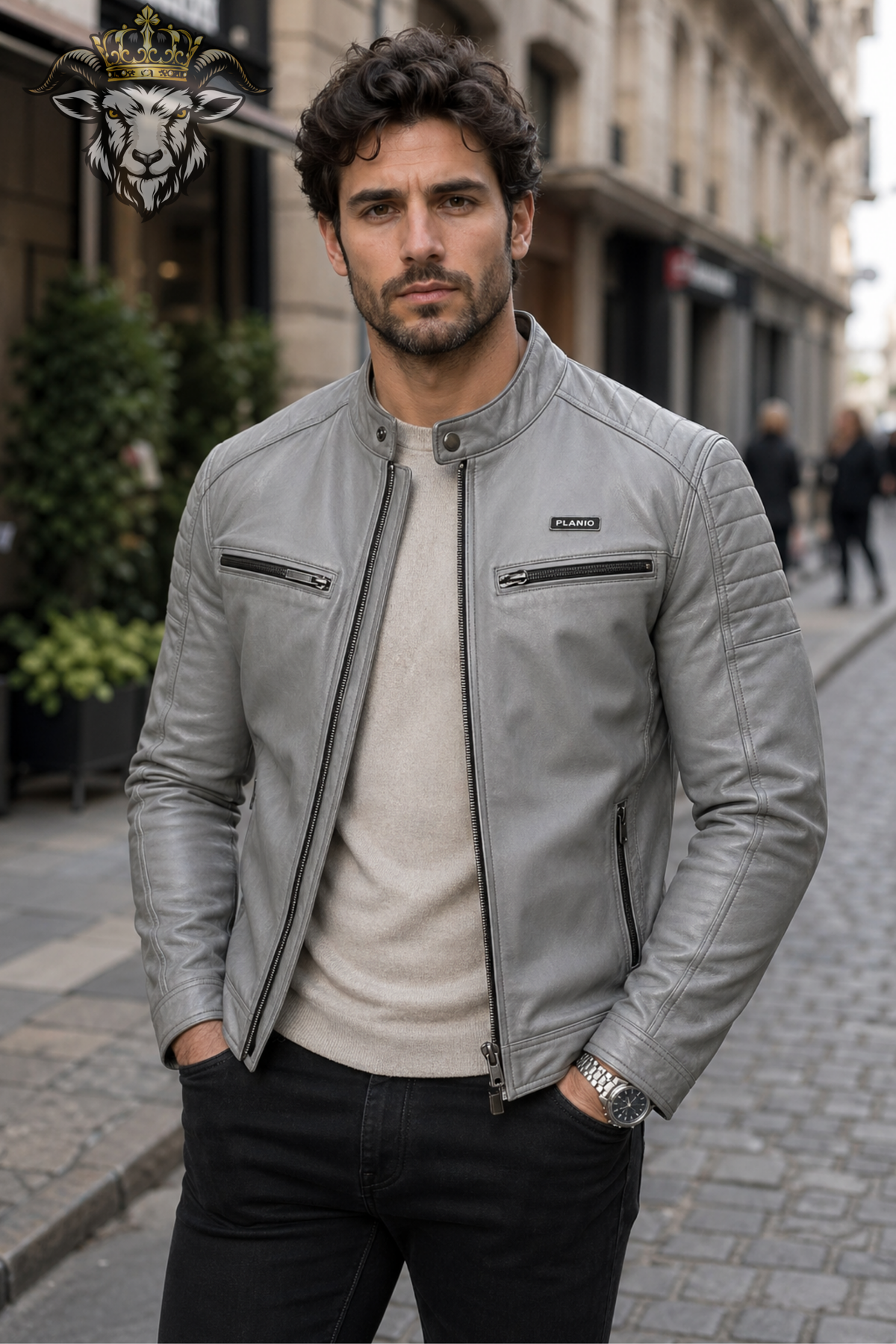 Men's Light Gray Real Leather Biker Jacket, PLANIO Cafe Racer Motorcycle Jacket, Slim Fit Moto Outerwear, Quilted Shoulder Detail