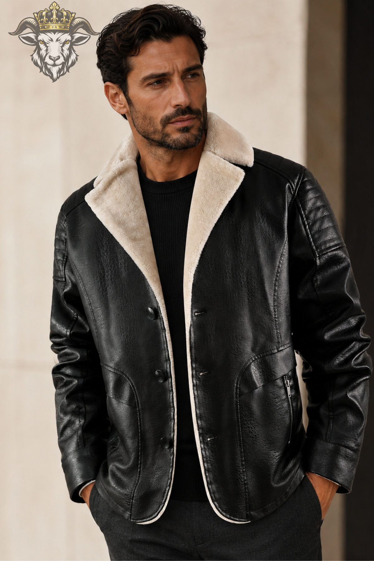 Men’s Black Leather Shearling Jacket, Warm Winter Aviator Coat, Cream Fur Collar Biker Jacket, Stylish Men’s Leather Outerwear