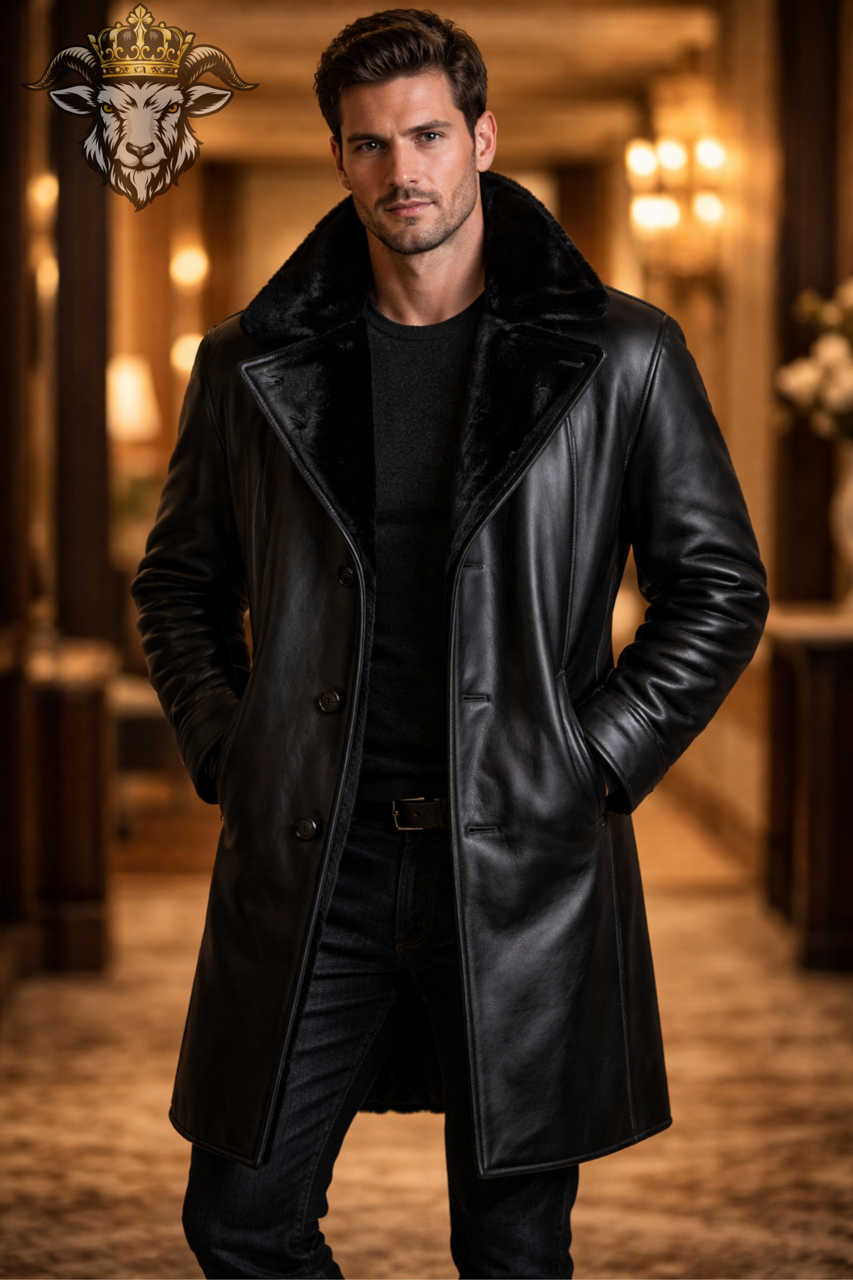 Men's Black Leather Long Coat, Genuine Leather Winter Overcoat, Black Fur Collar Trench Coat, Luxury Button Front Jacket for Men