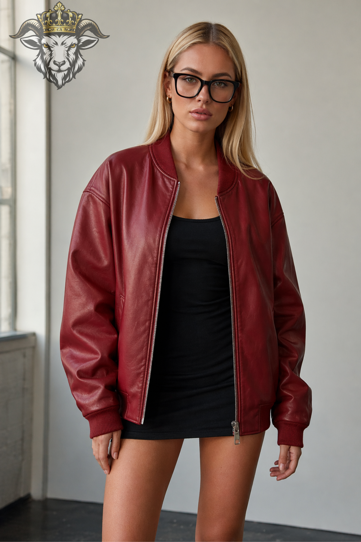 Women's Red Leather Bomber Jacket, Oversized Zip-Up Jacket, Ribbed Collar Streetwear Outerwear
