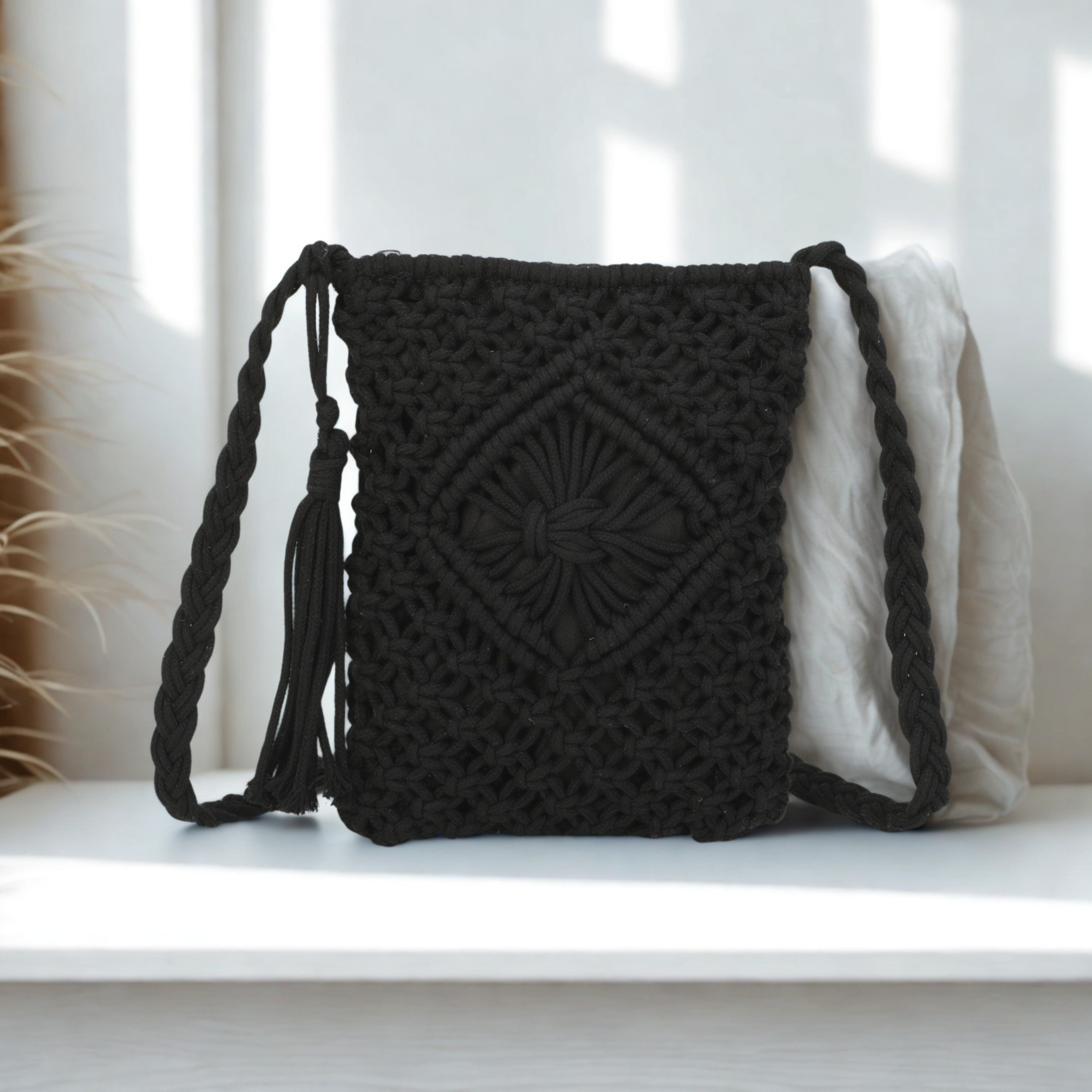 Women’s Crochet Crossbody Bag – Knitted Synthetic Shoulder Bag with Zip Closure
