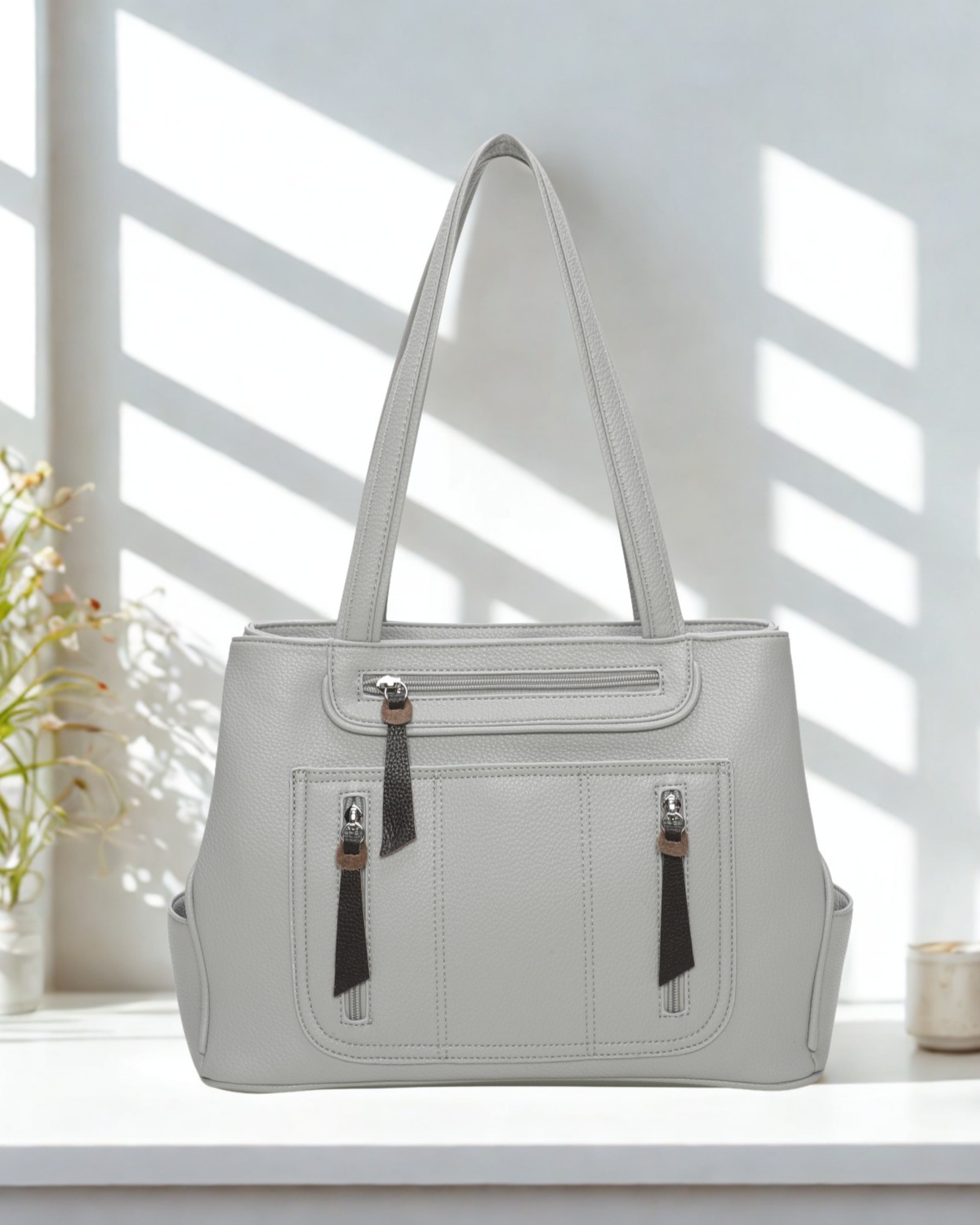 Women’s Multi Pocket Tote Shoulder Bag – Top Zip Closure, Double Compartment Handbag