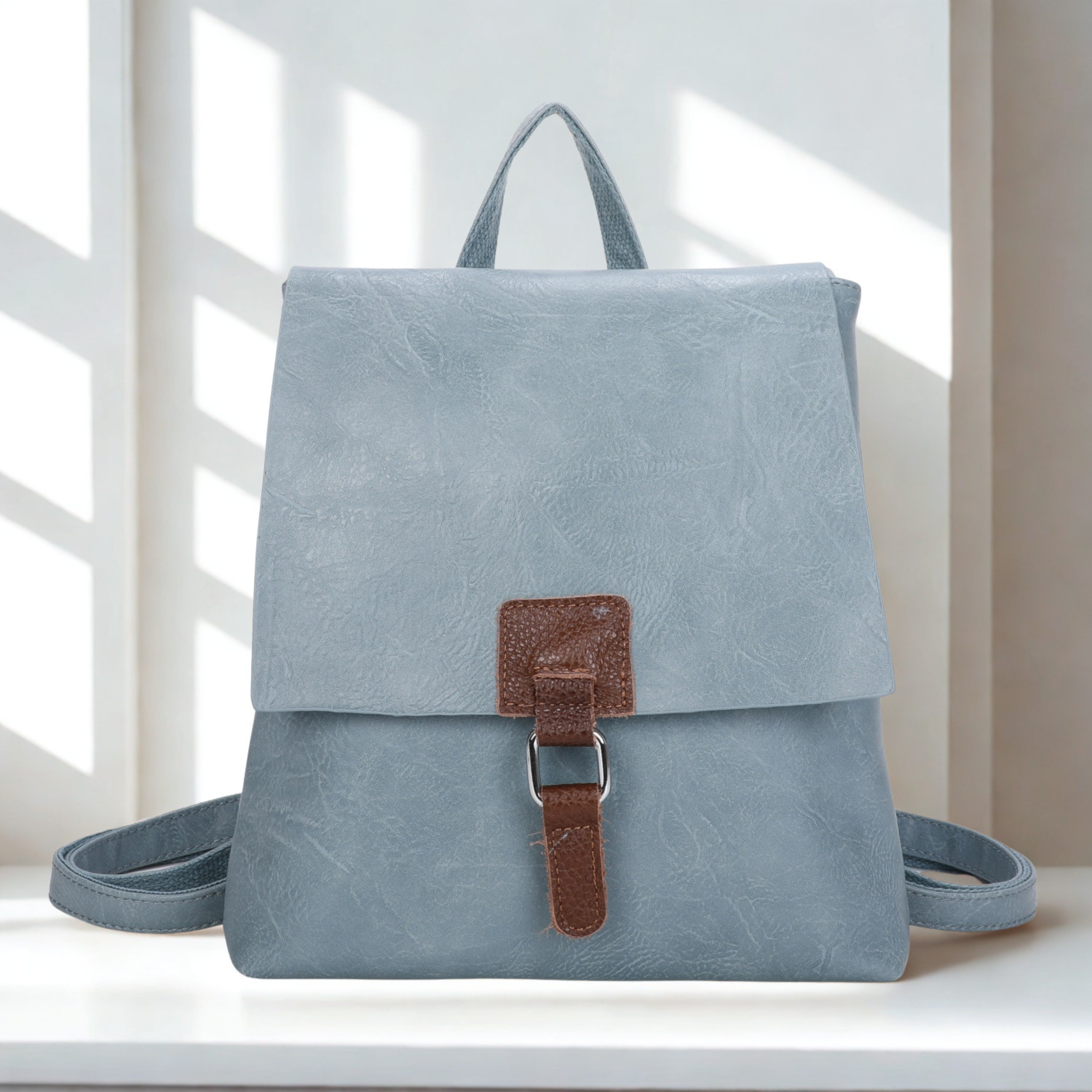 Ladies Flap Over Backpack Handbag, Synthetic Leather Trim Rucksack Shoulder Bag