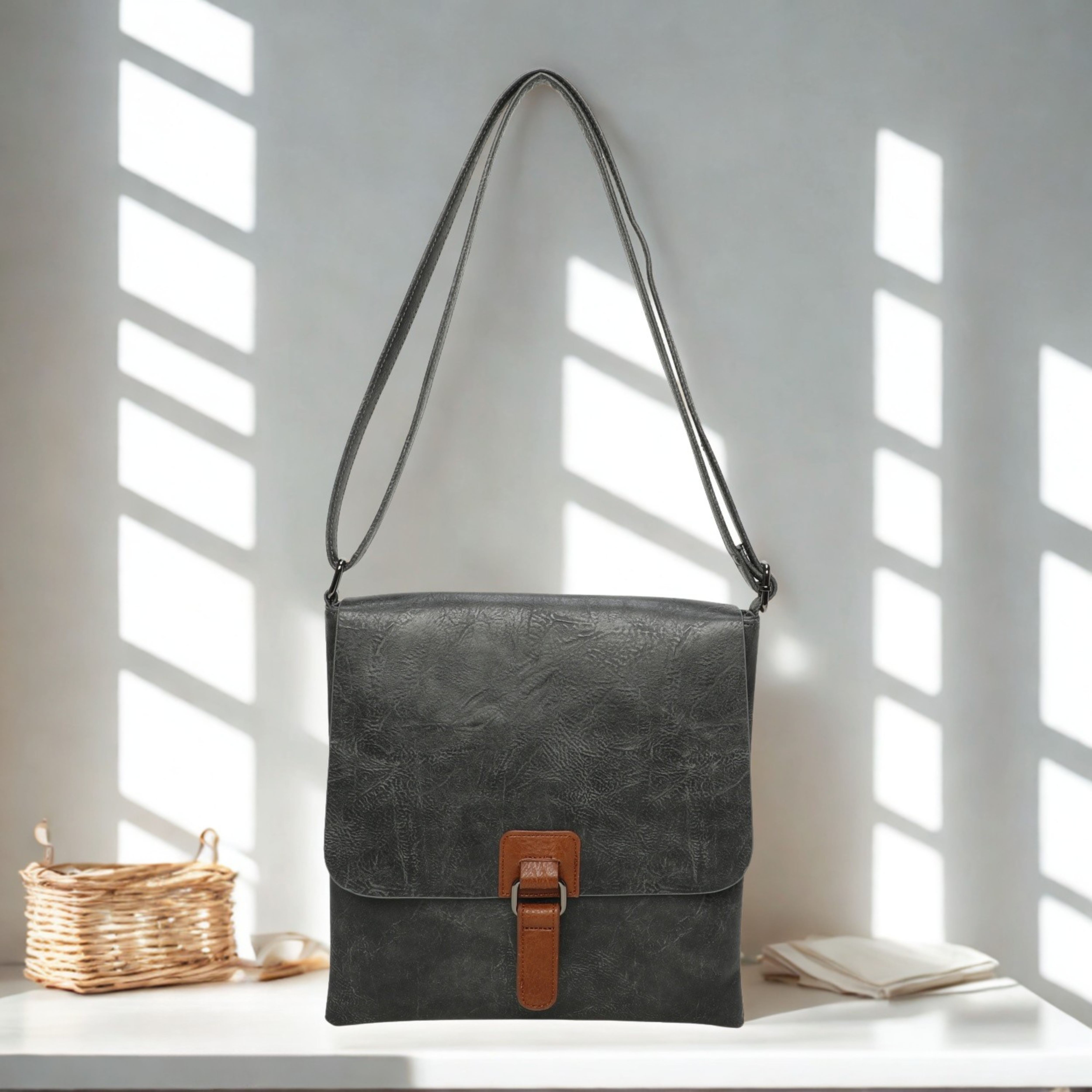 Women’s Slim Crossbody Shoulder Bag – Flap Over Synthetic Leather Handbag with Adjustable Strap, Back Zip Pocket & Dark Silver Hardware