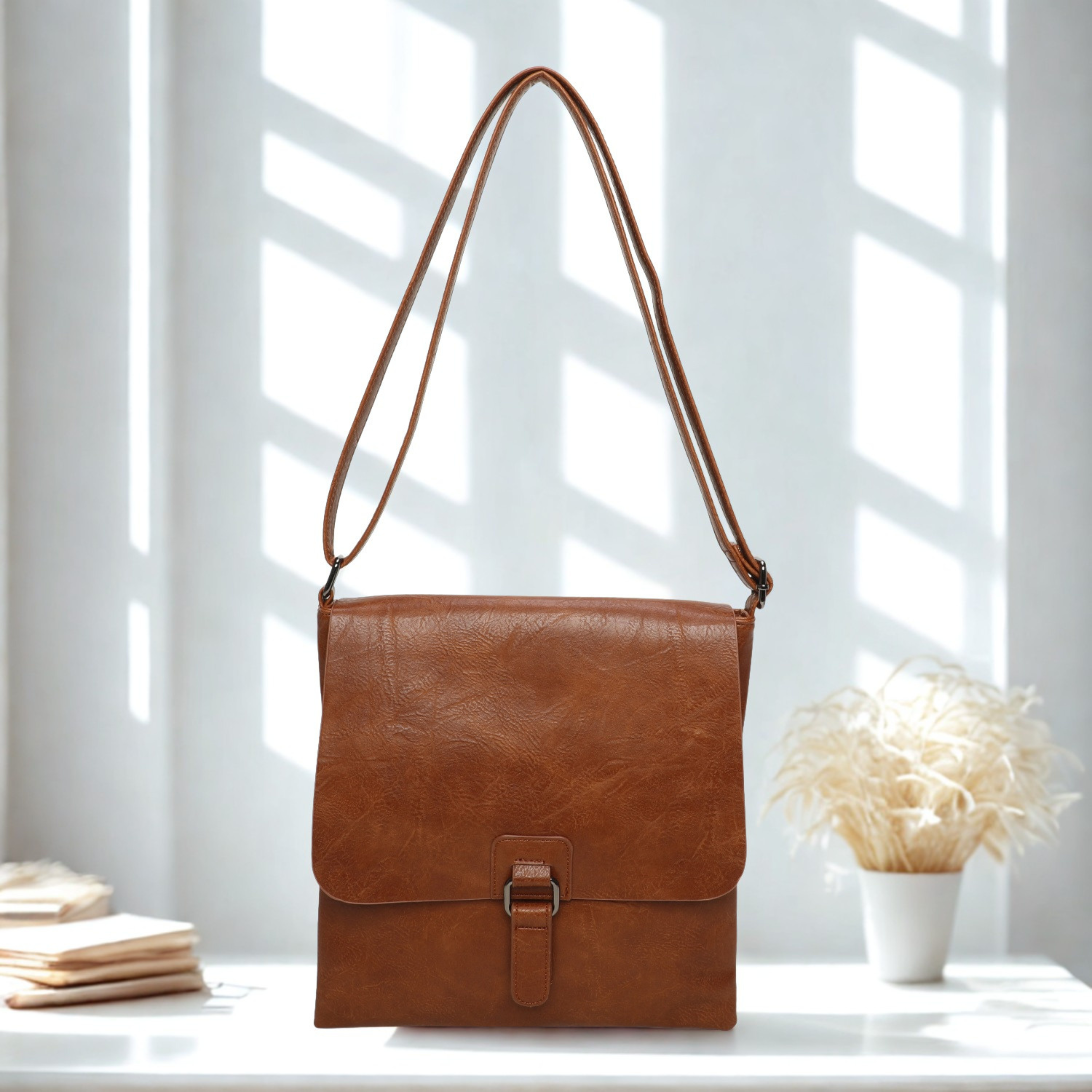 Women’s Slim Crossbody Shoulder Bag – Flap Over Synthetic Leather Handbag with Adjustable Strap, Back Zip Pocket & Dark Silver Hardware