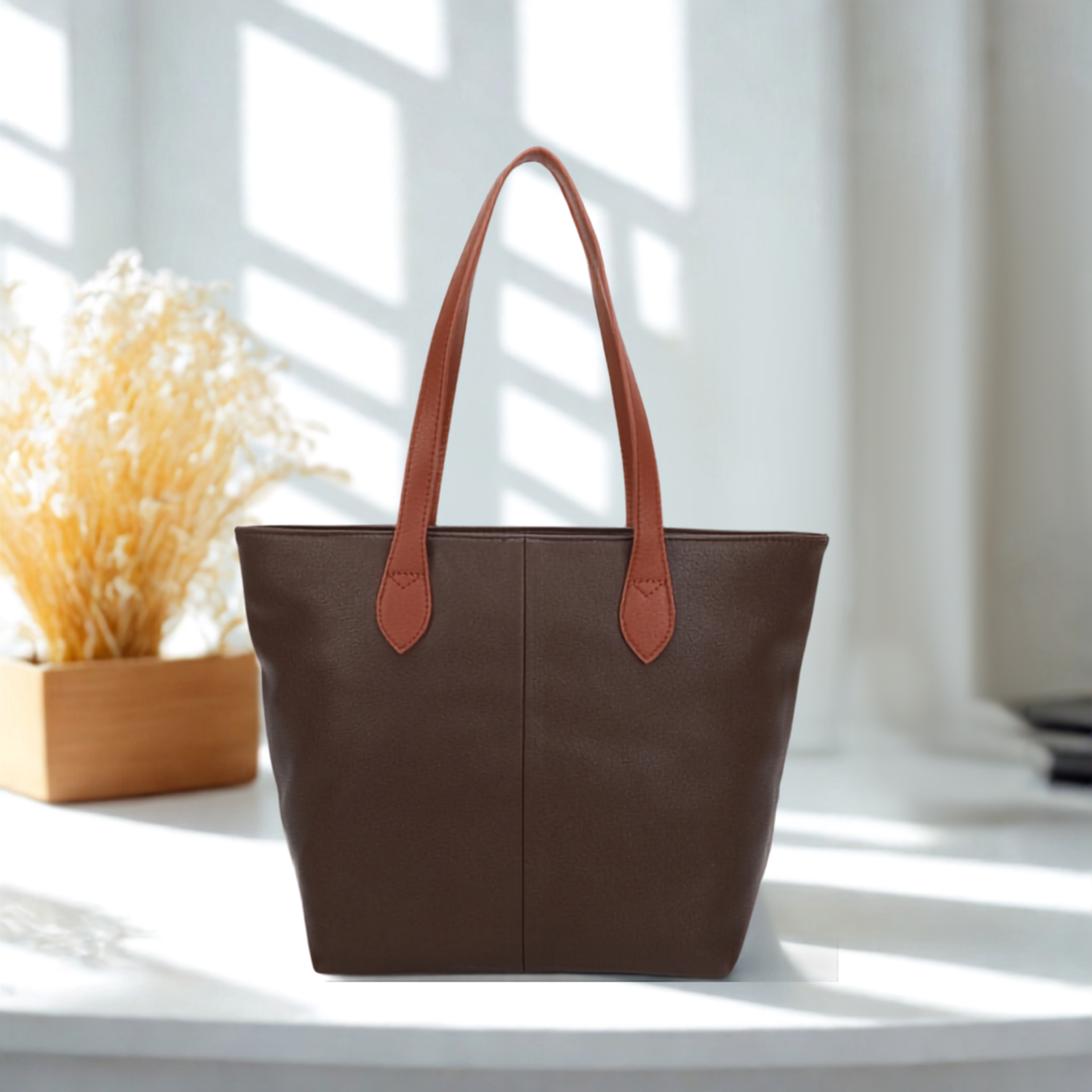 Women’s Large Tote Shoulder Bag Synthetic Handbag with Zip Top & Contrast Straps