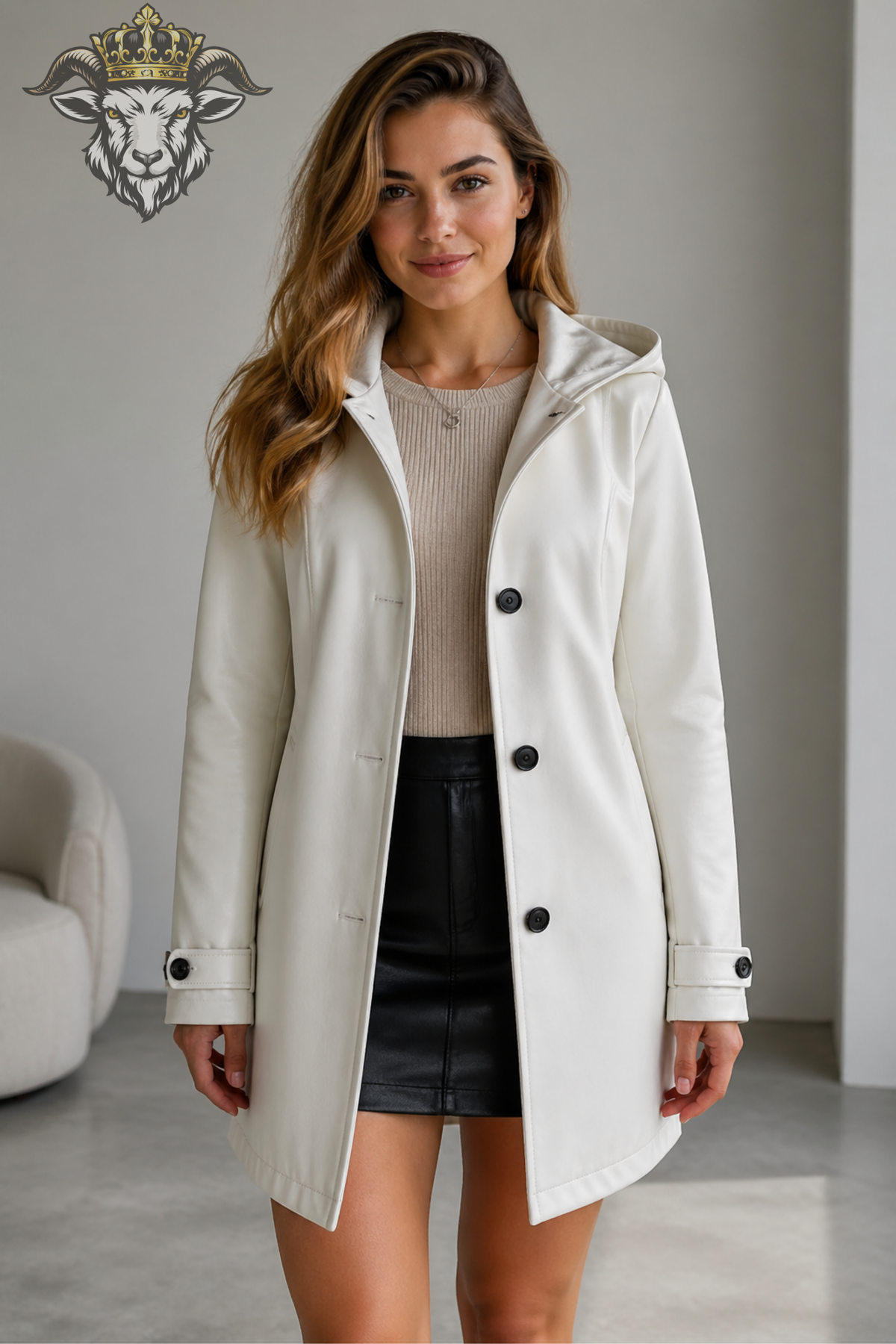 Women’s White Faux Leather Hooded Trench Coat – Tailored Long Jacket with Black Buttons, Stylish Winter Outerwear